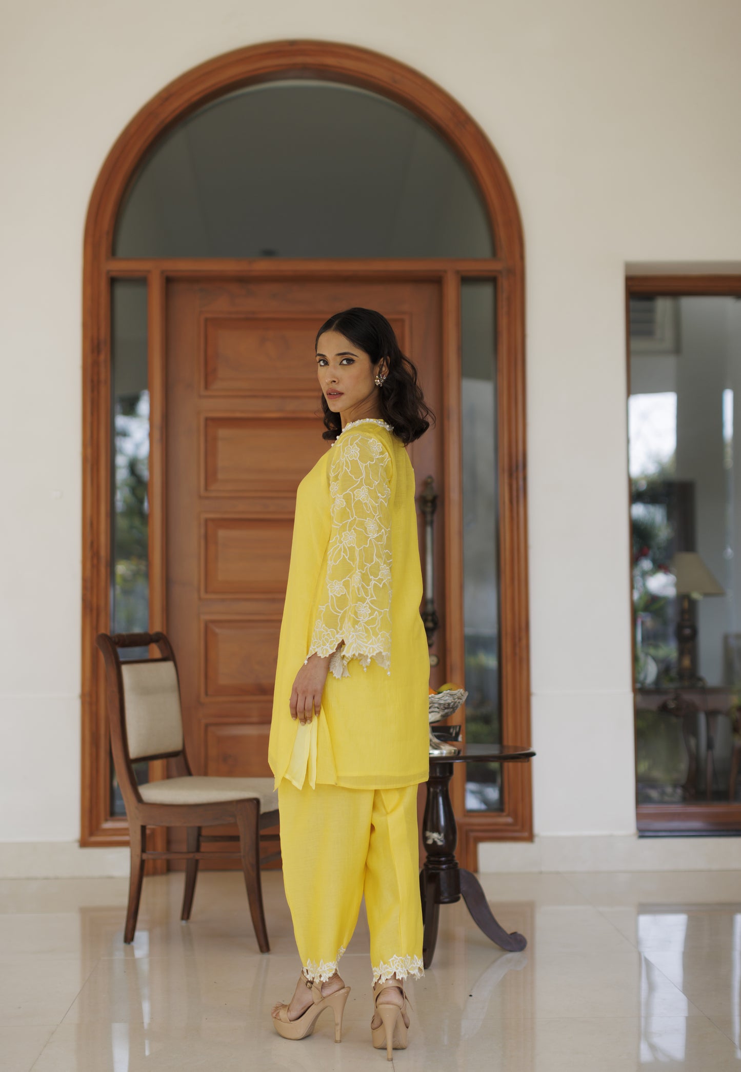 Yellow Floral Cutwork Co-ord Set
