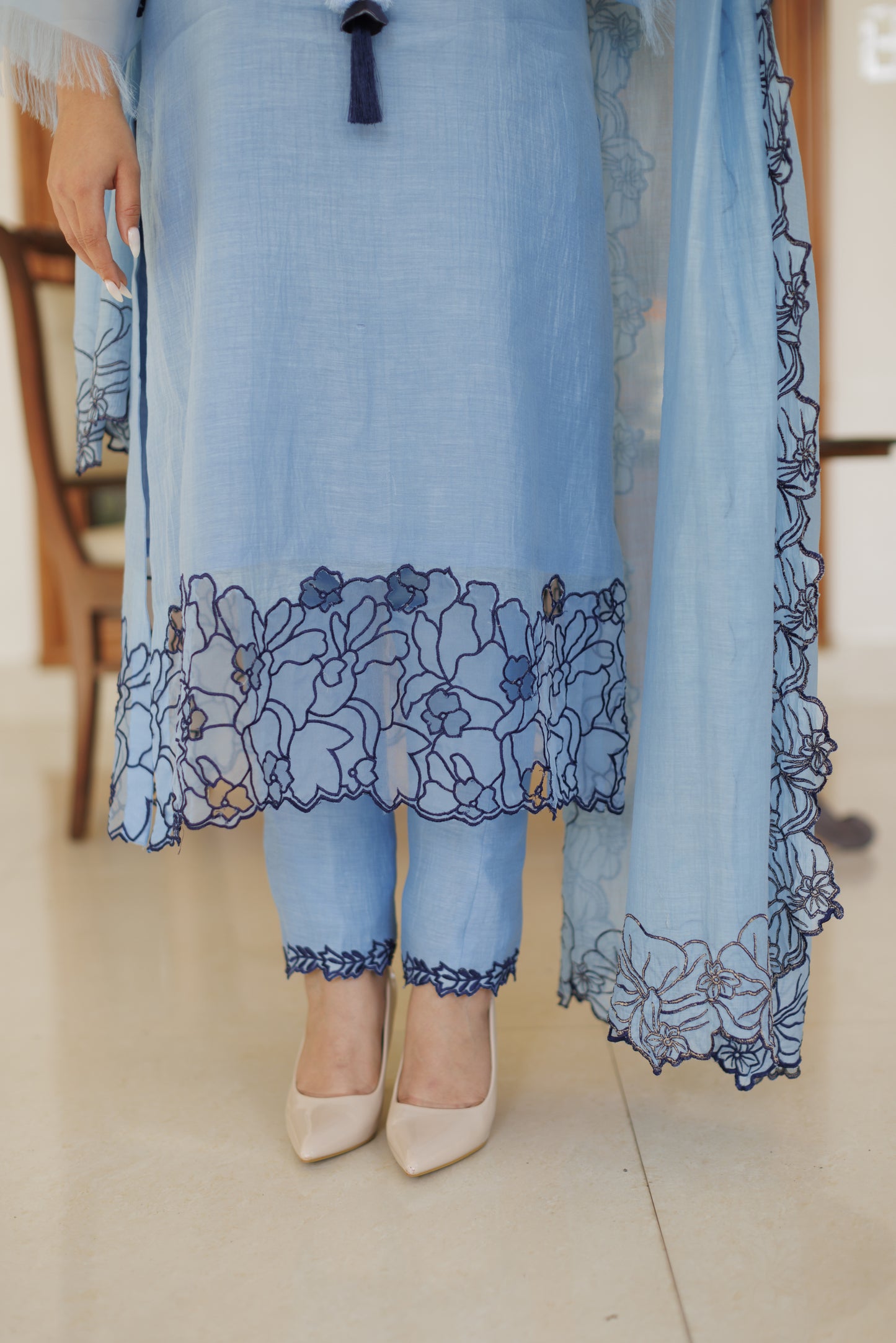 Blue Floral Cutwork Shirt with Dupatta
