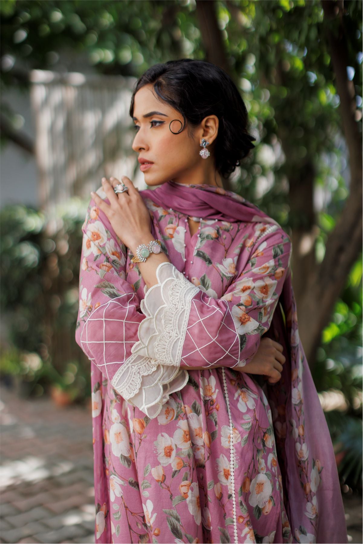 Pink Floral Shirt with Dupatta