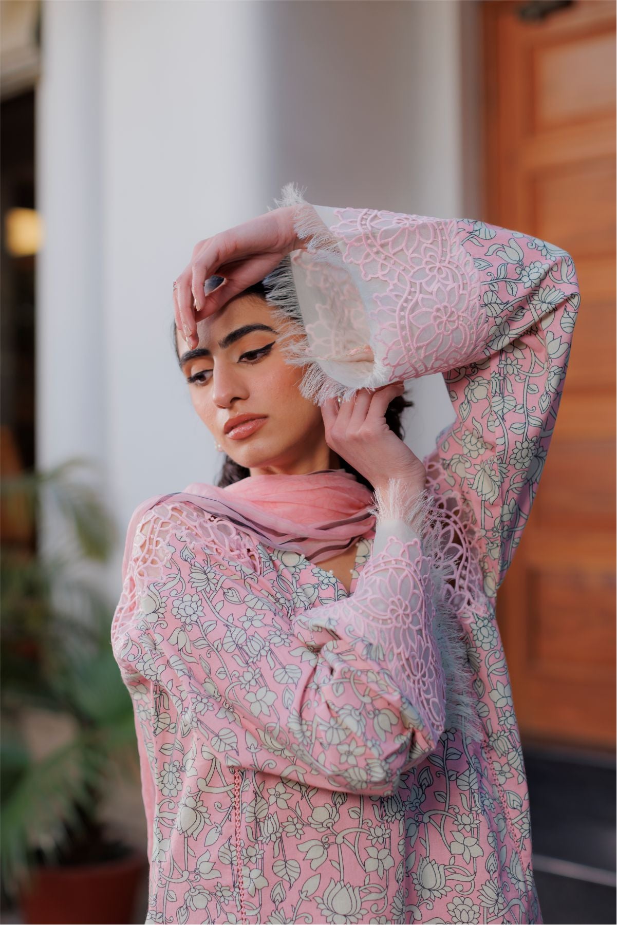 Pink Cutwork Short Kurta with Dupatta