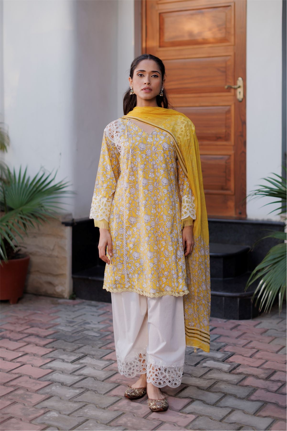 Yellow Cutwork Short Kurta with Dupatta