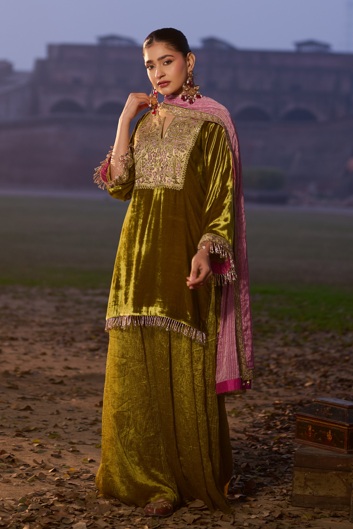 OLIVE GREEN SHARARA SET