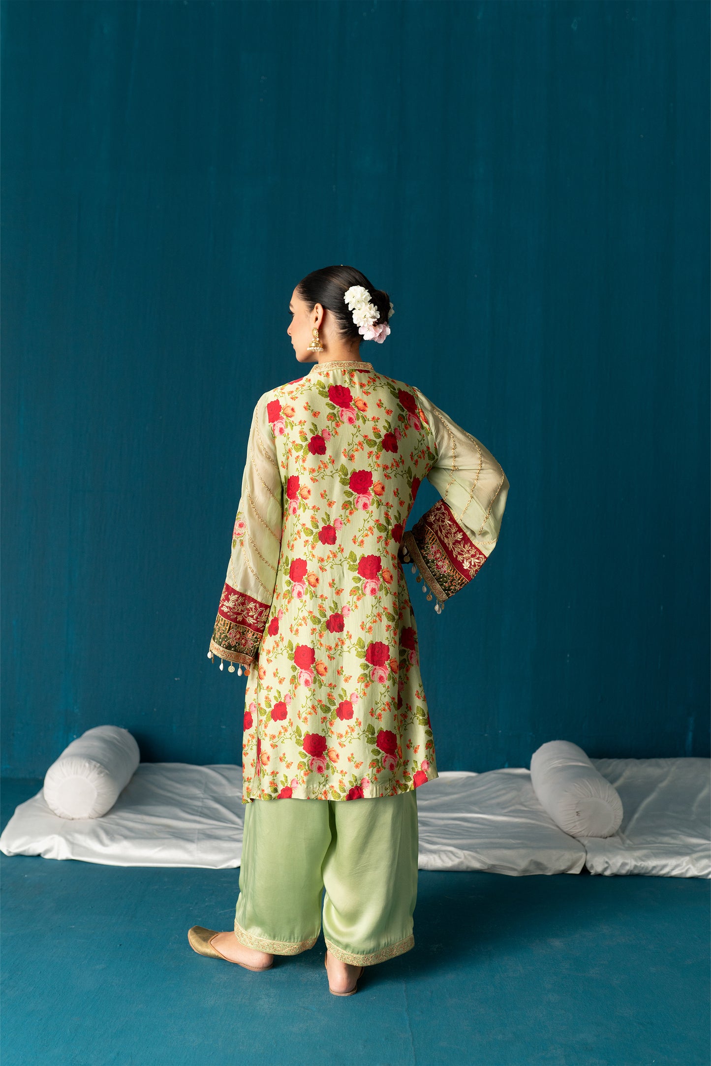 Iqra- Printed Satin Kurta Set - Olive