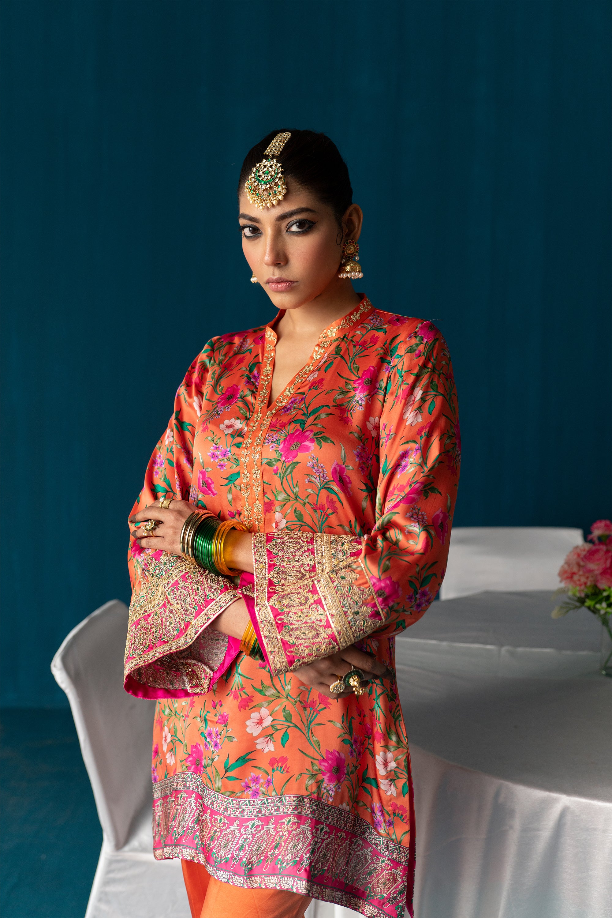 Zoya - Satin Embroidered Kurta Set - Rust