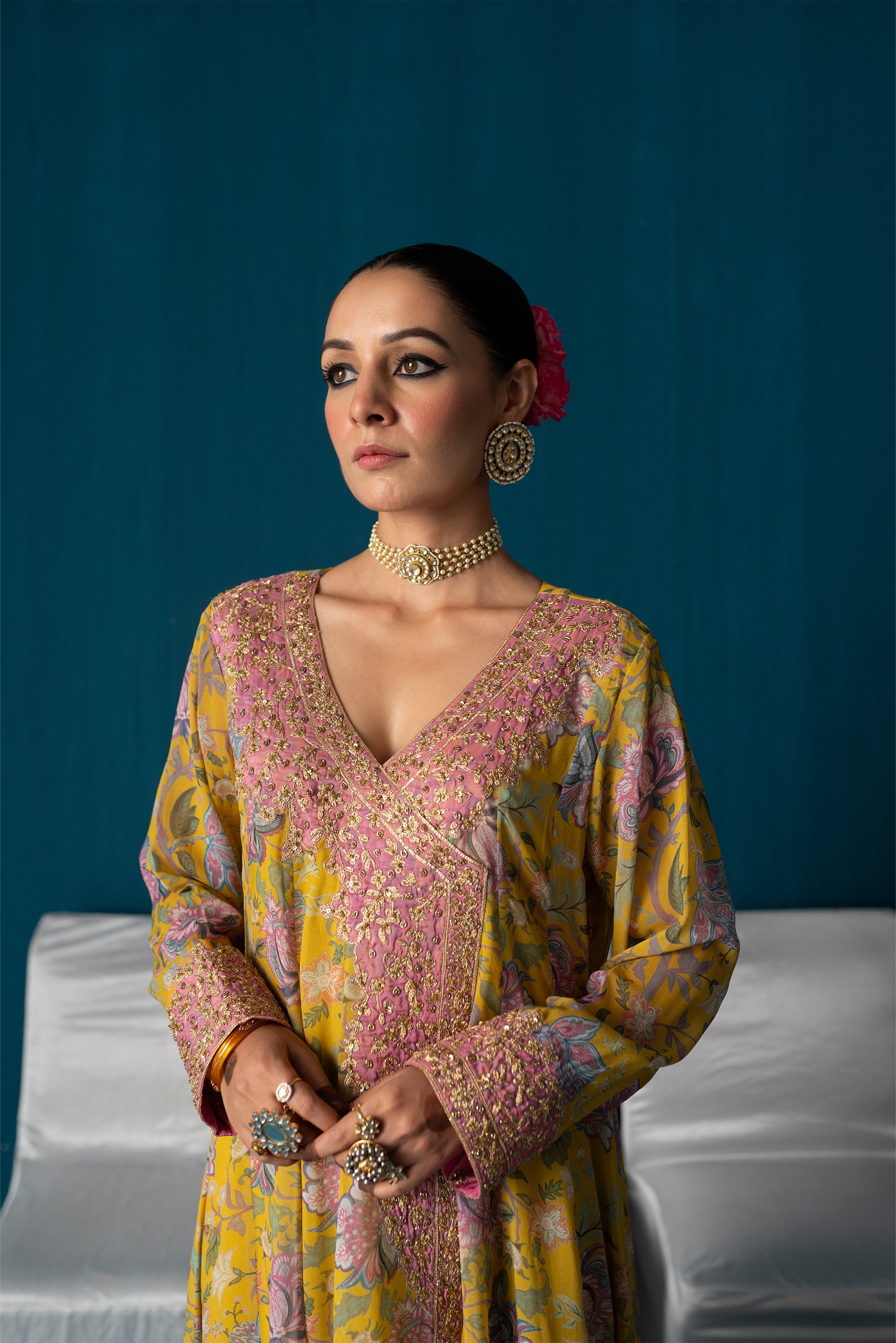 Nayaab- Printed Kalidar Anarkali with Dupatta - Yellow