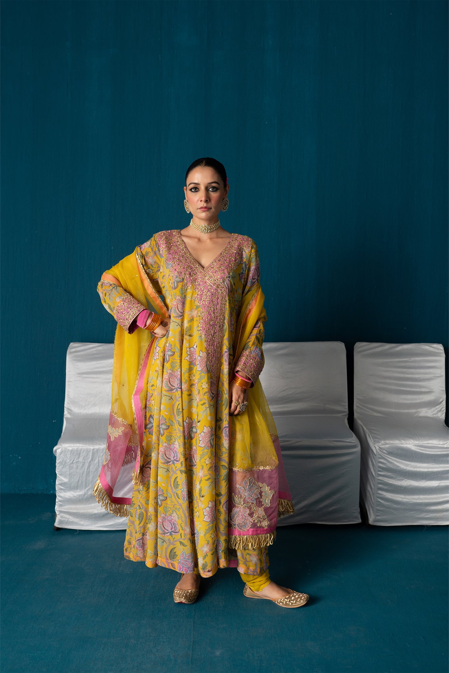 Nayaab- Printed Kalidar Anarkali with Dupatta - Yellow