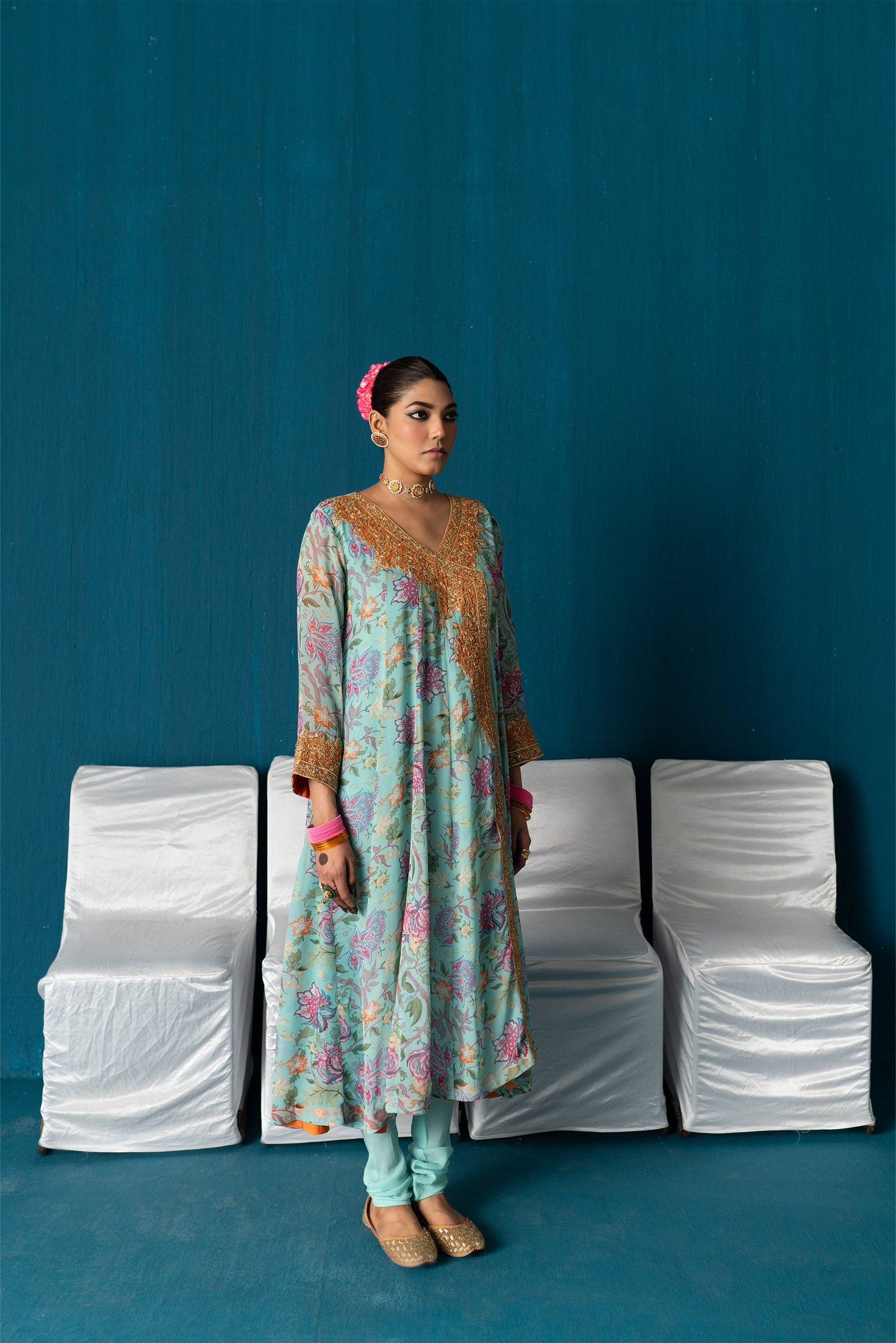 Nayaab- Printed Kalidar Anarkali with Dupatta - Light Blue
