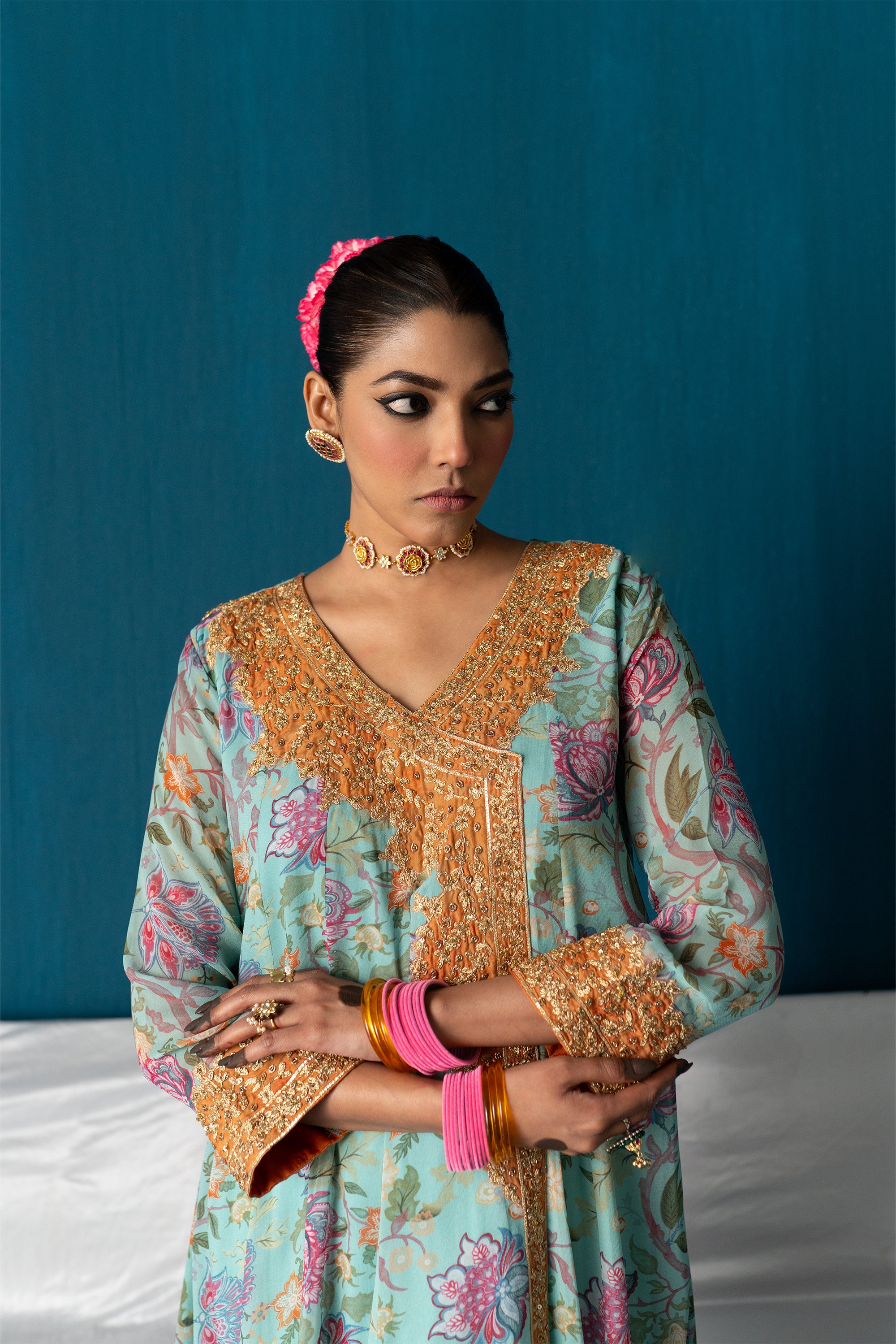 Nayaab- Printed Kalidar Anarkali with Dupatta - Light Blue