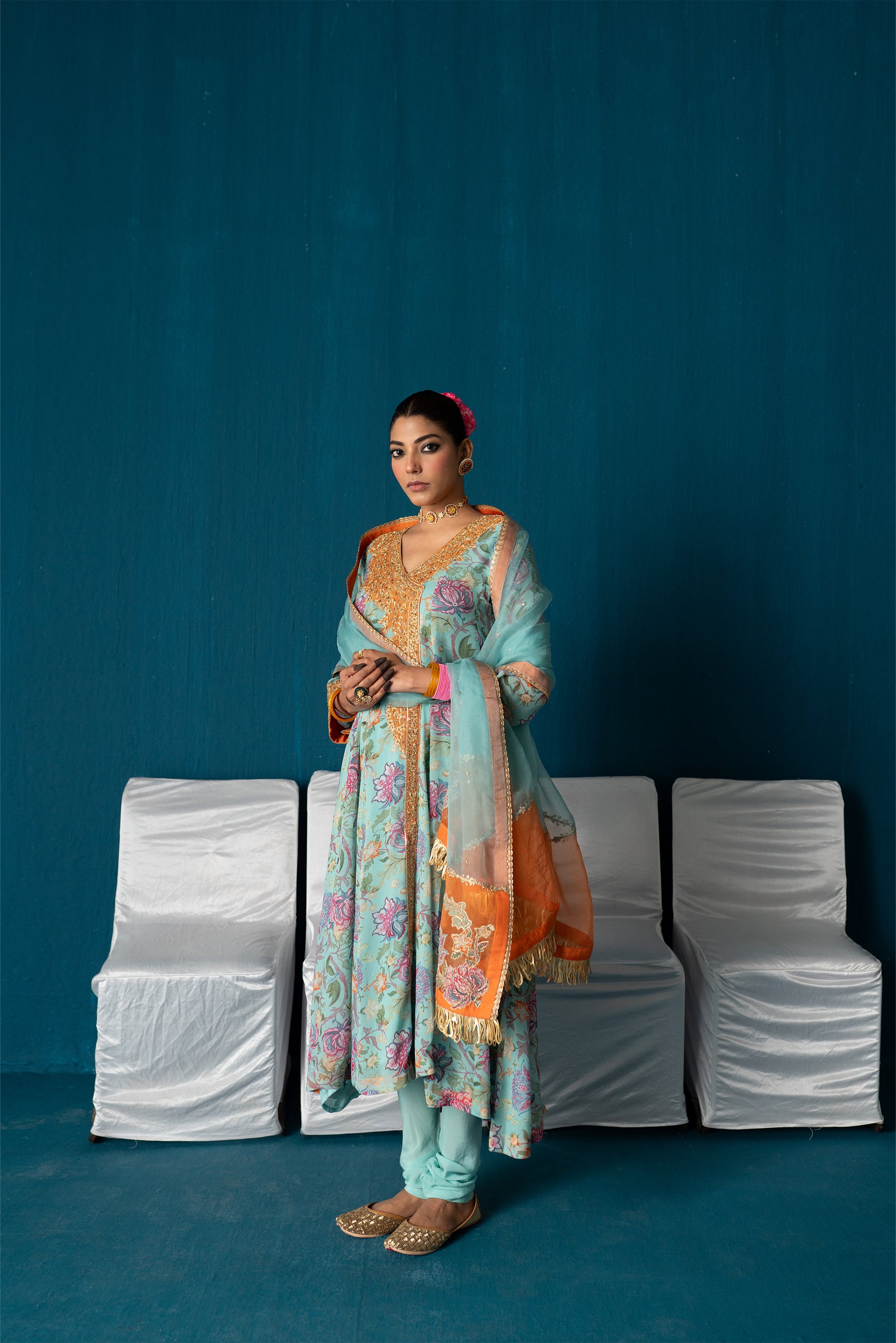 Nayaab- Printed Kalidar Anarkali with Dupatta - Light Blue