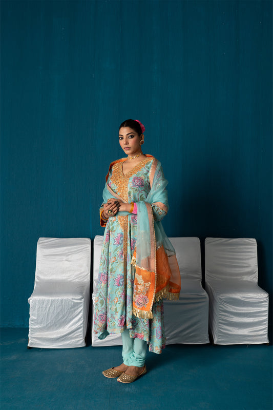 Nayaab-  Printed Kalidar Anarkali with Dupatta - Light Blue