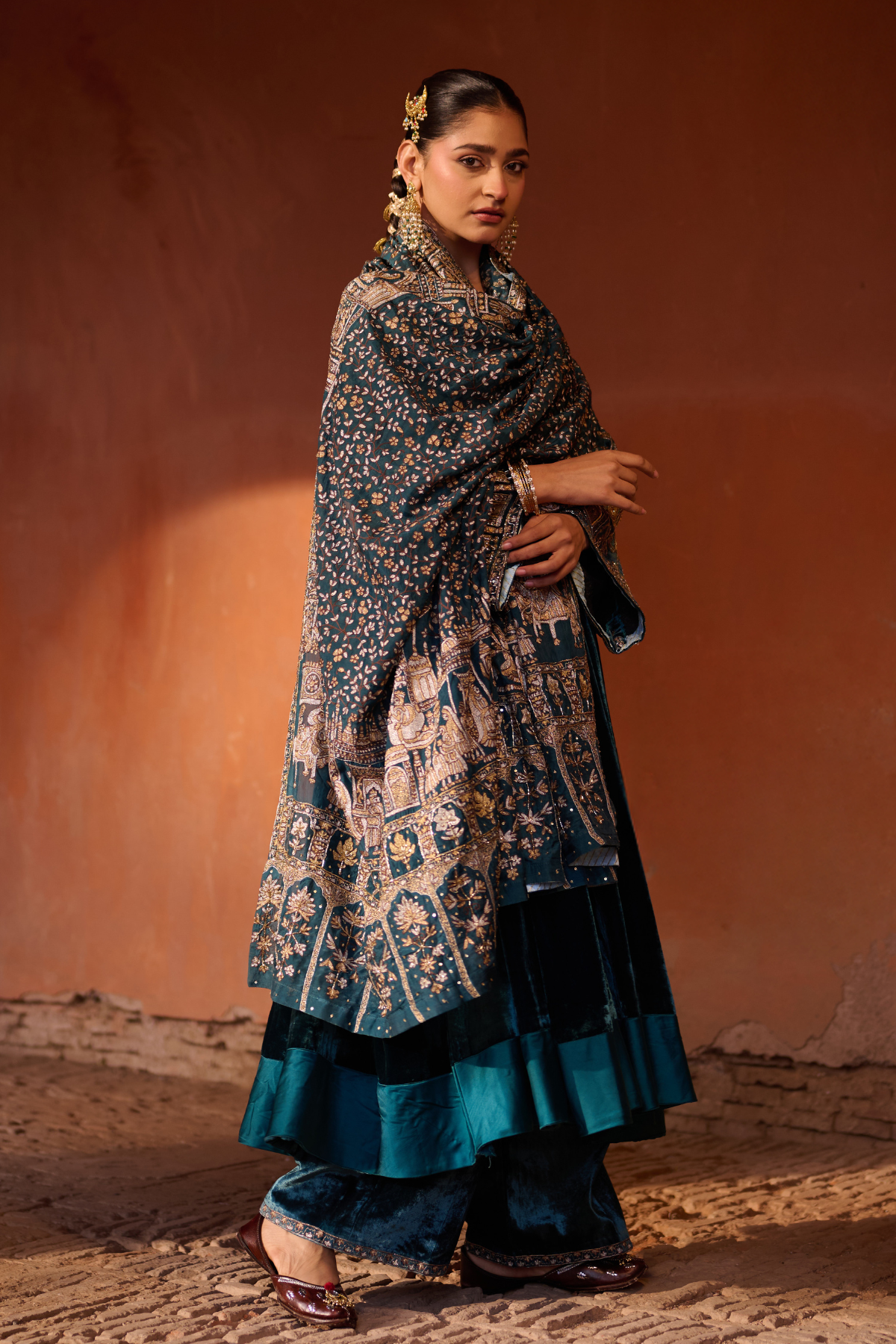 TEAL BLUE ANARKALI WITH ODHNI
