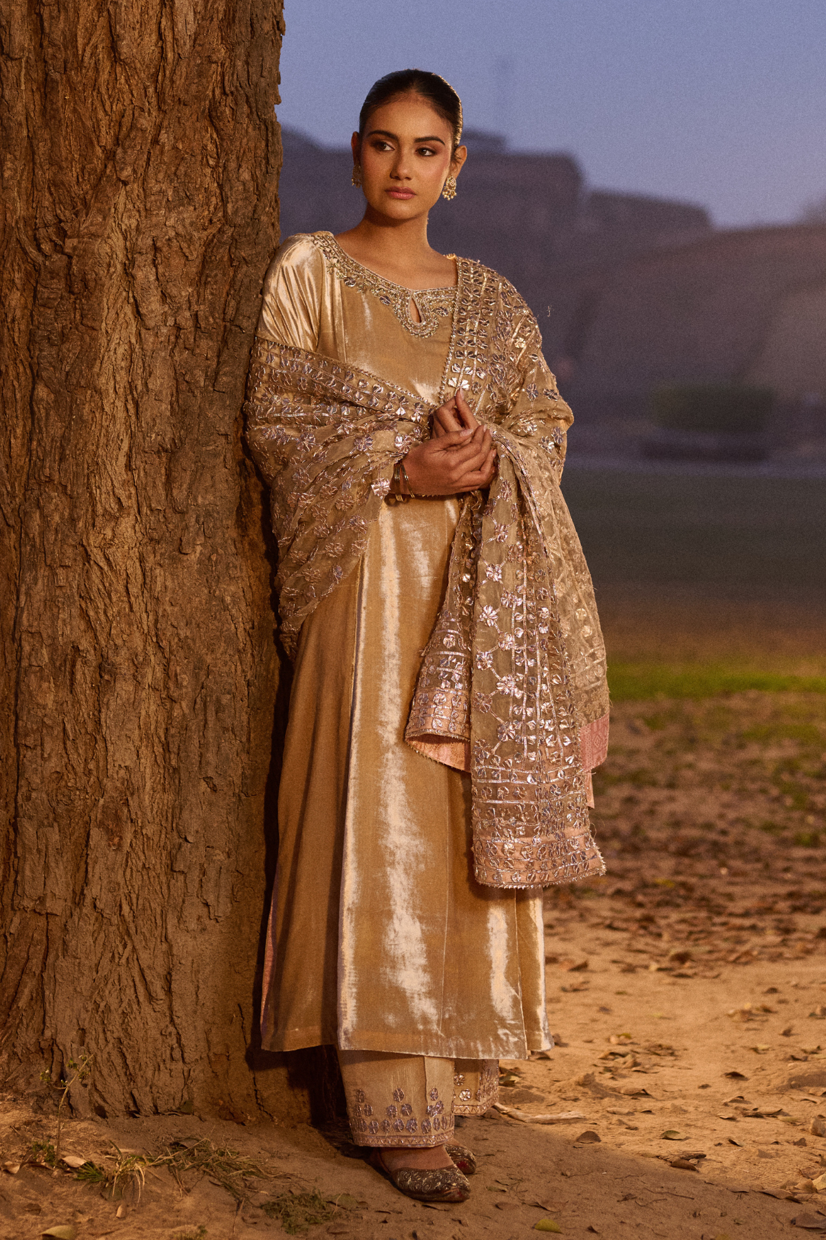 BEIGE A-LANE SUIT WITH GOTA ODHNI