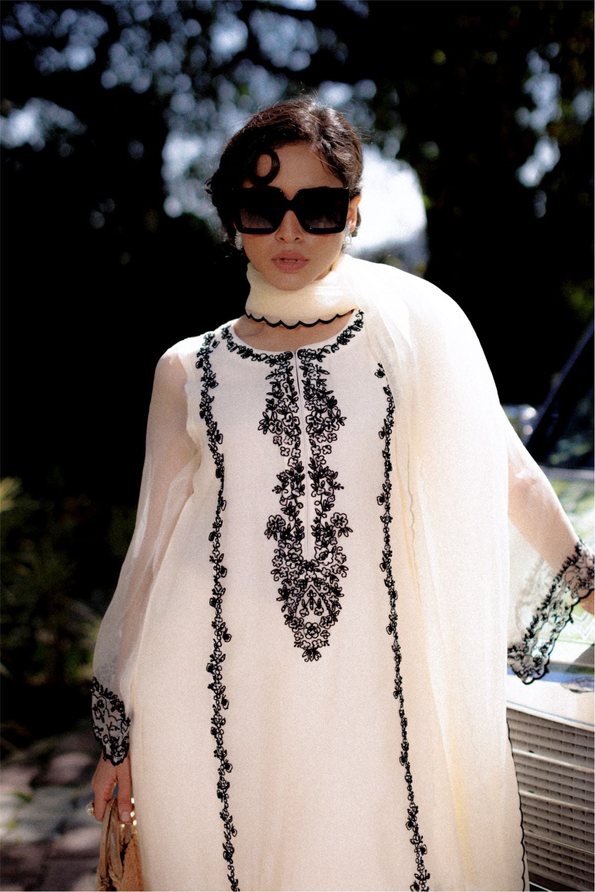 Off White Cotton Net Shirt with Dupatta