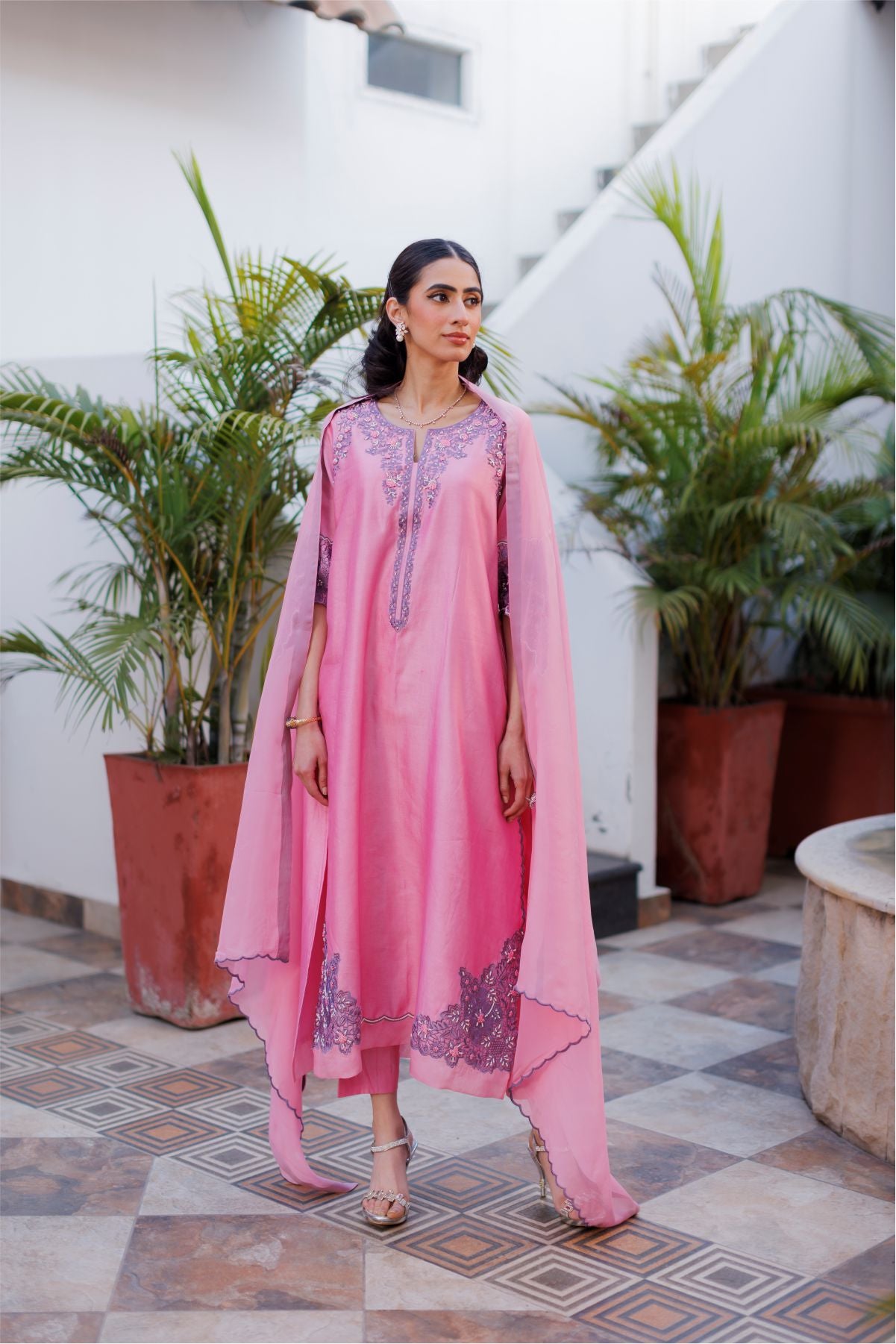 Pink Embroidered Shirt with Dupatta