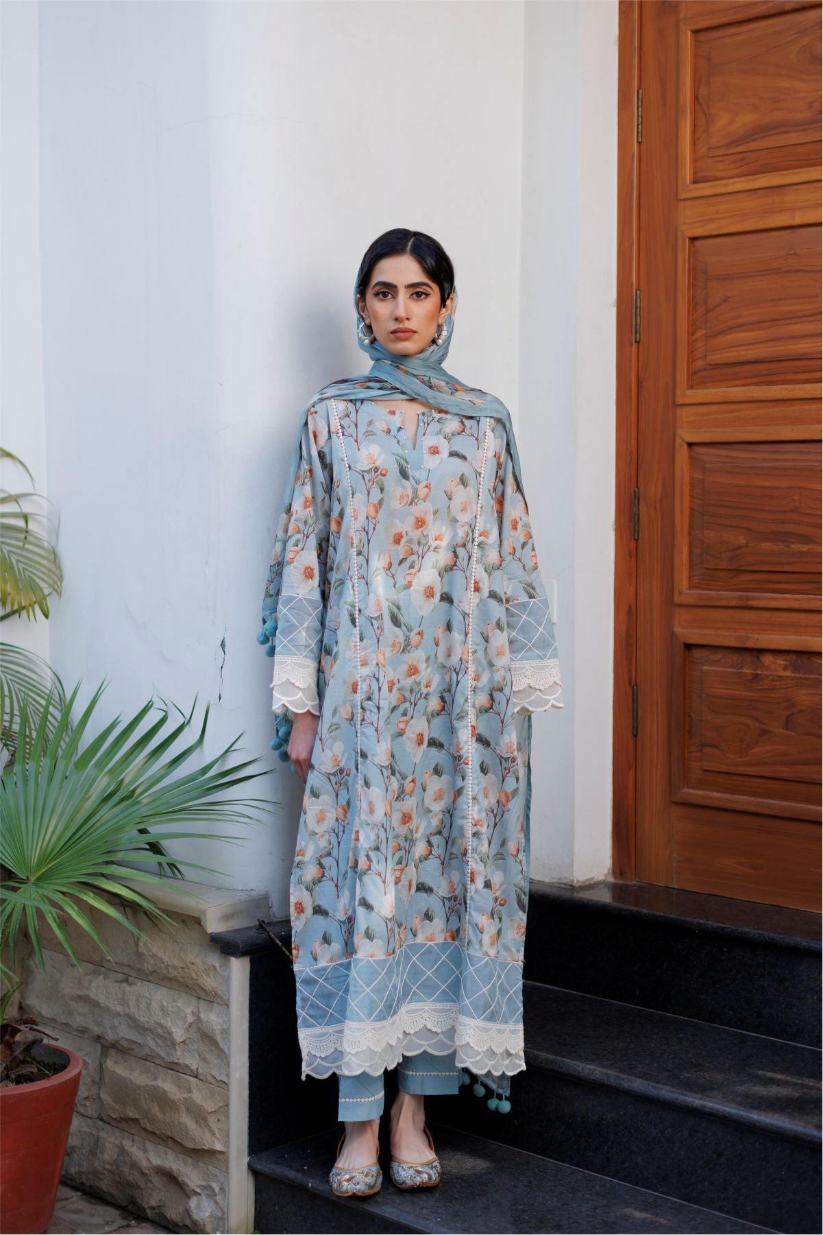 Grey Floral Shirt with Dupatta
