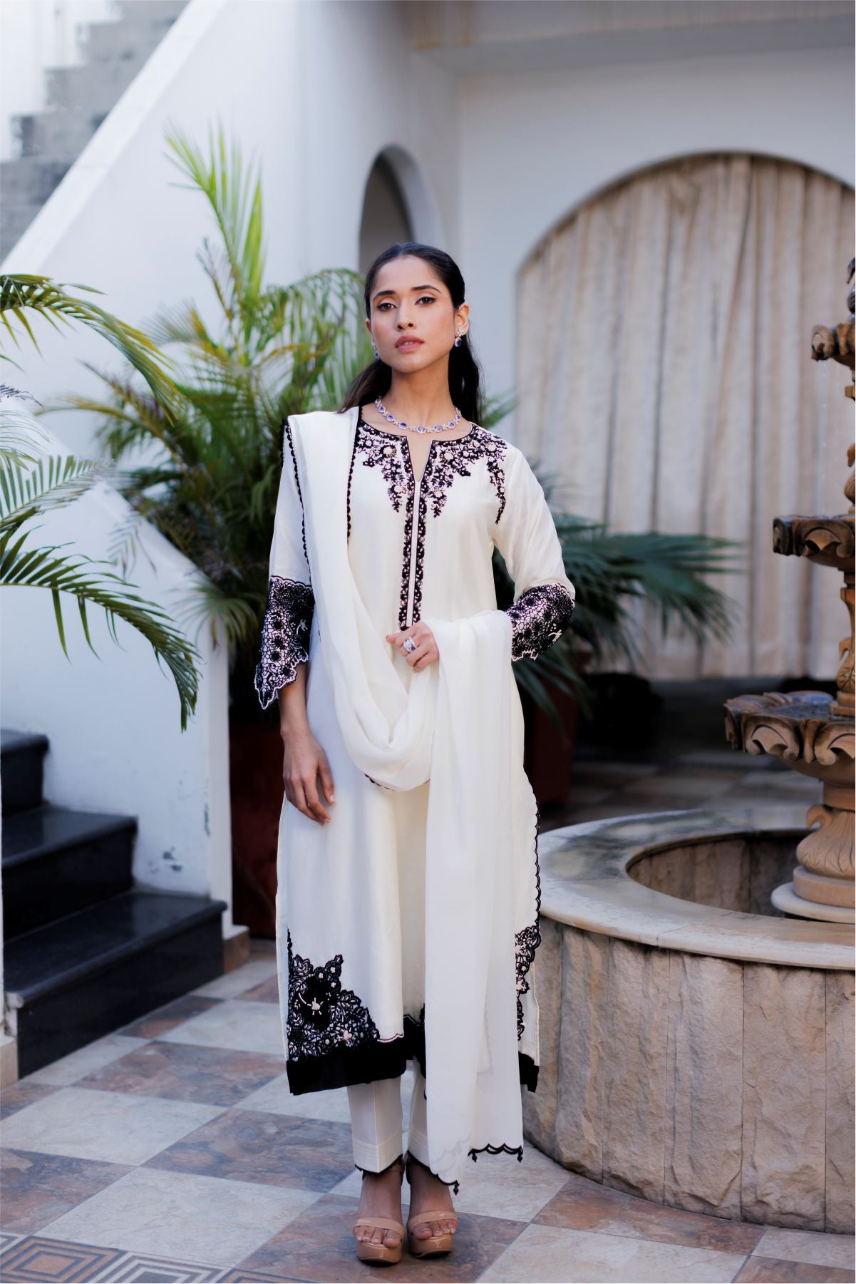 Off White Embroidered Shirt with Dupatta