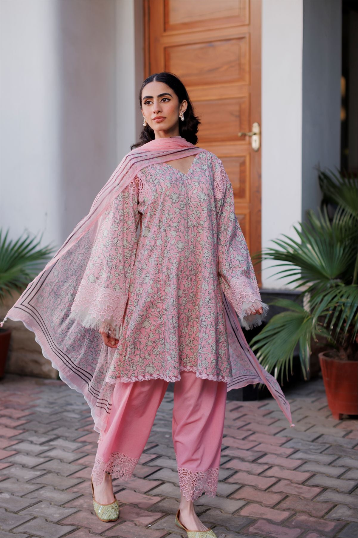 Pink Cutwork Short Kurta with Dupatta