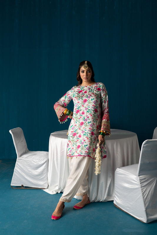 Zaarah- Satin Embroidered Kurta Set - White