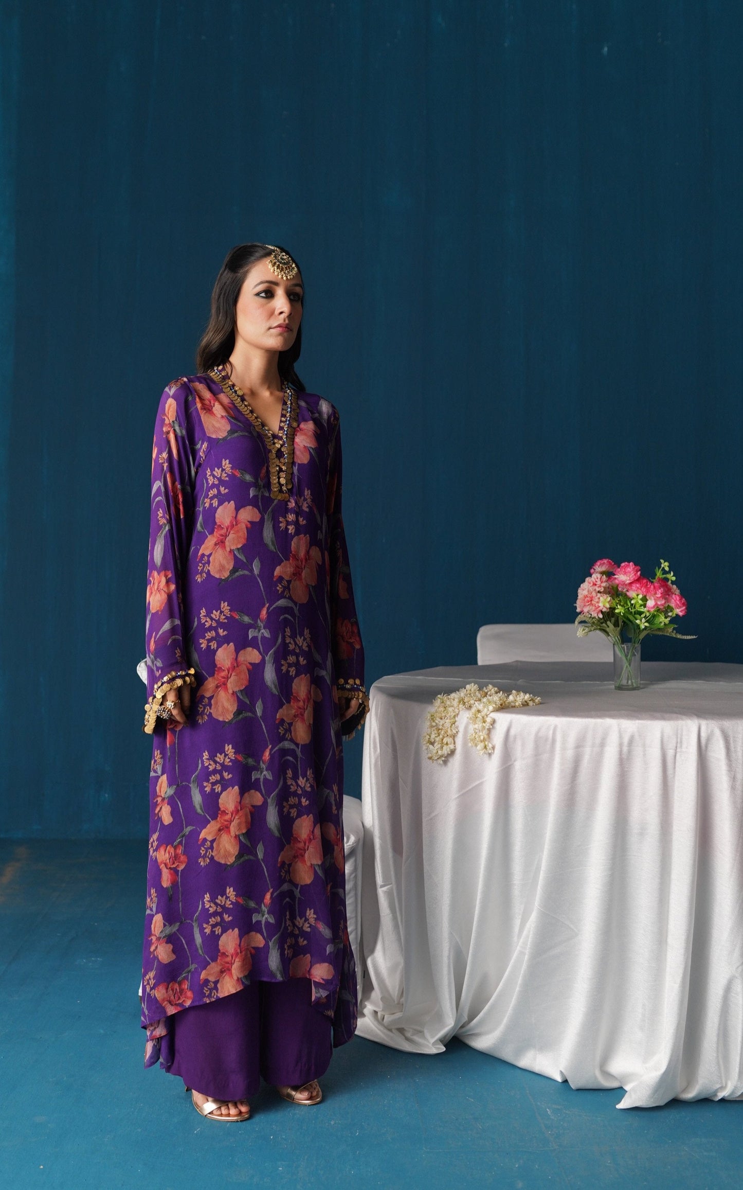 Sairah- Printed Georgette Kurta Set - Purple