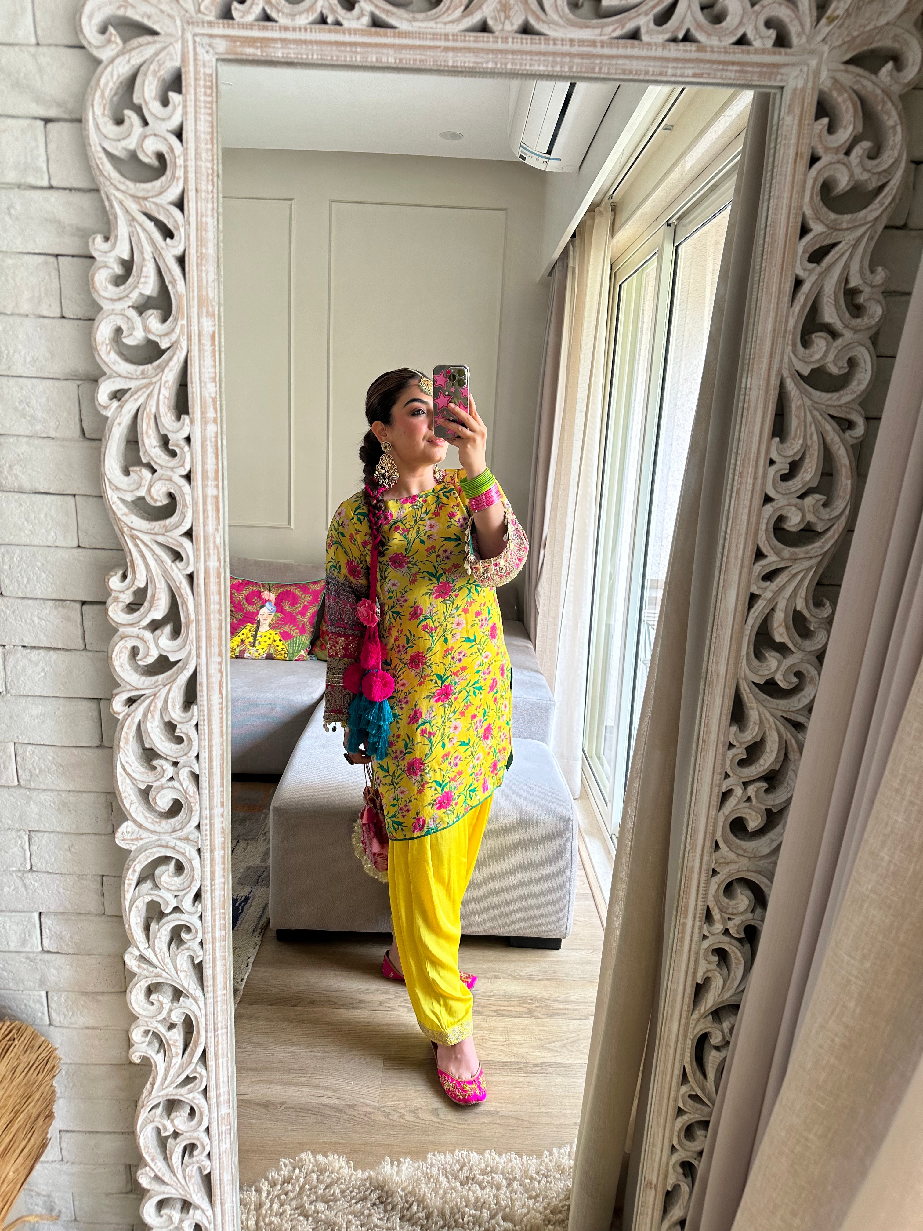 Zaarah- Satin Embroidered Kurta Set - Yellow