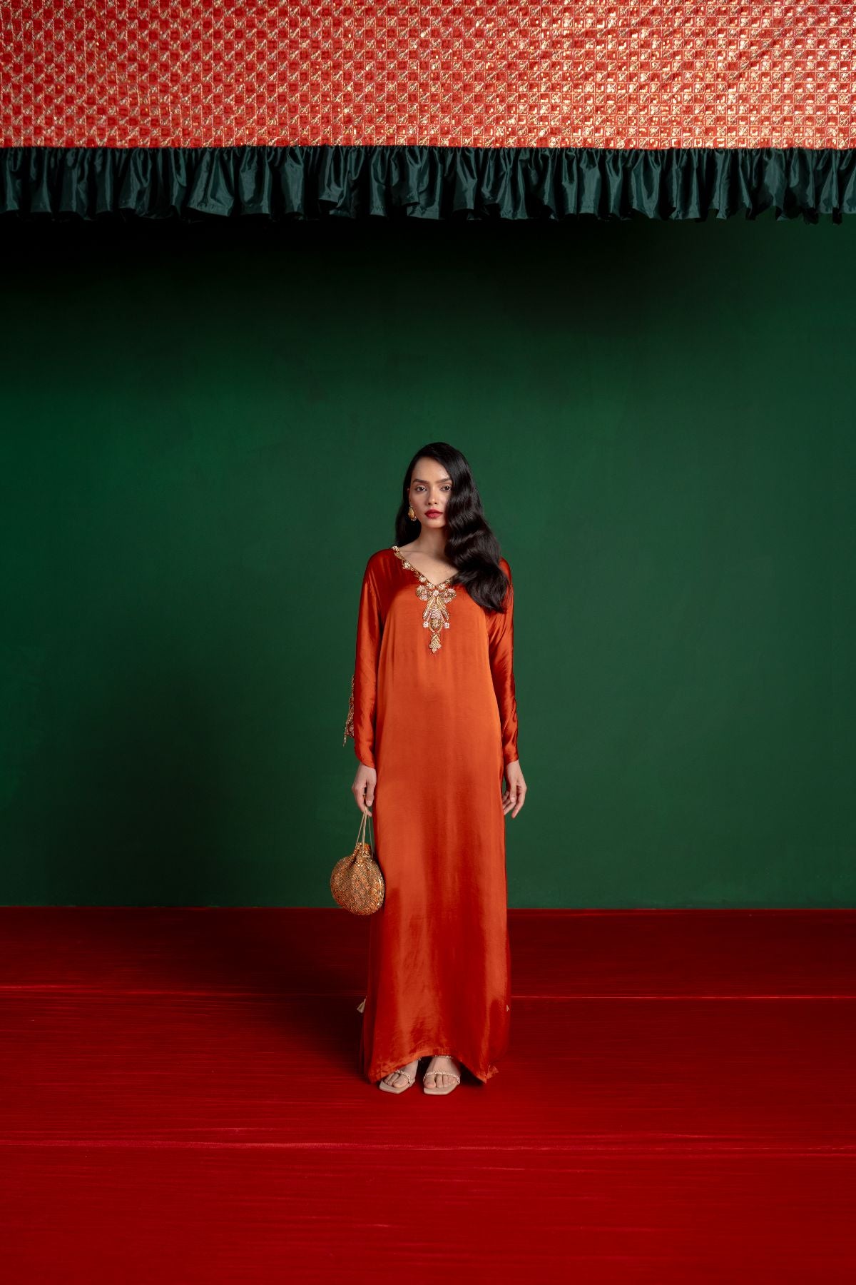 Orange Hand Embroidered Kaftan