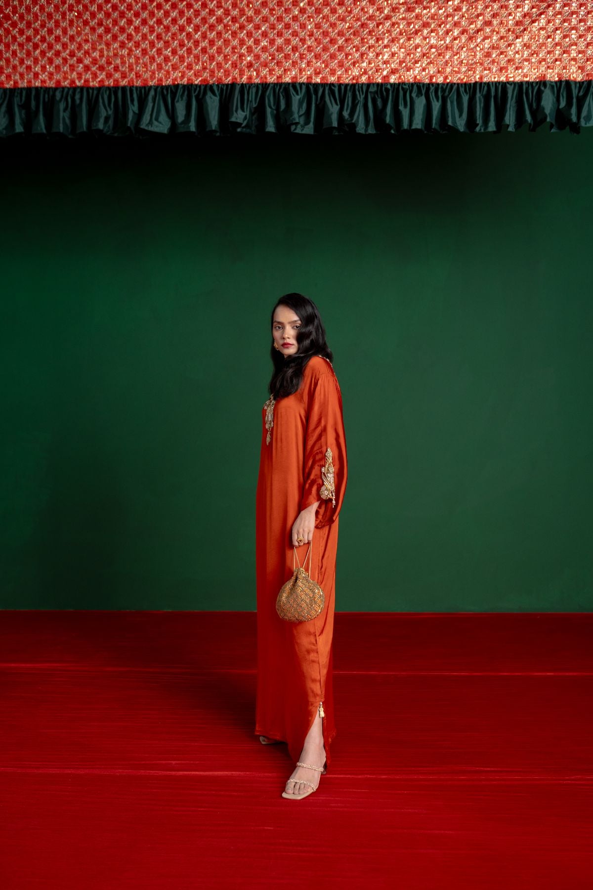 Orange Hand Embroidered Kaftan