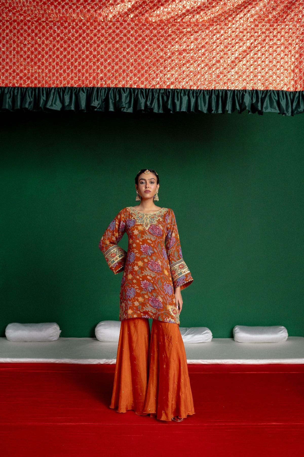 Rust Printed Sharara Set