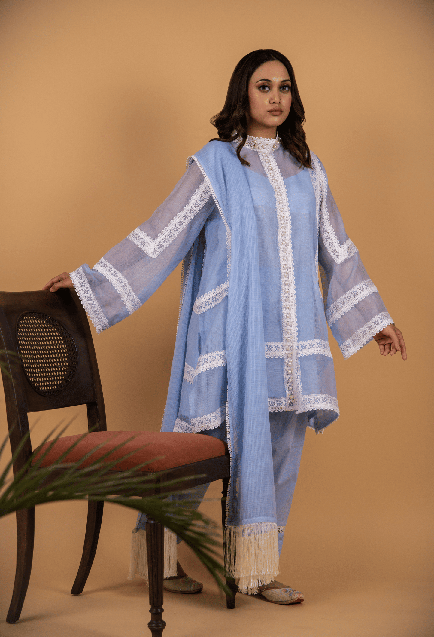 Cotton Net Pearl Jacket Suit - Powder Blue