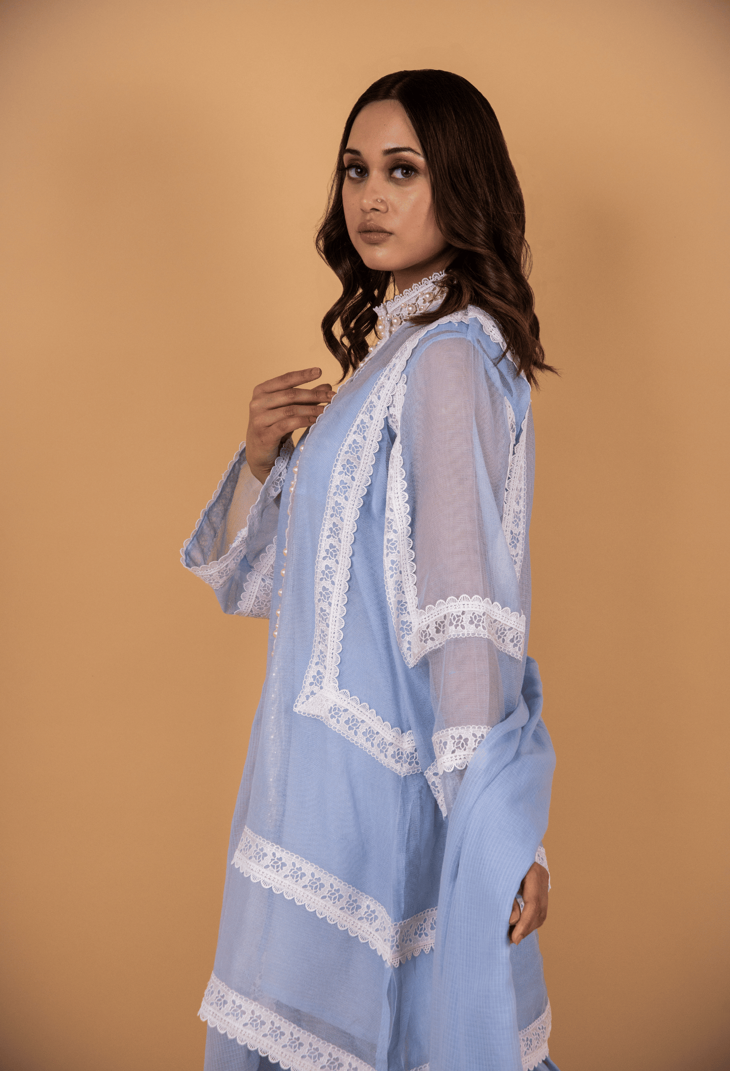 Cotton Net Pearl Jacket Suit - Powder Blue