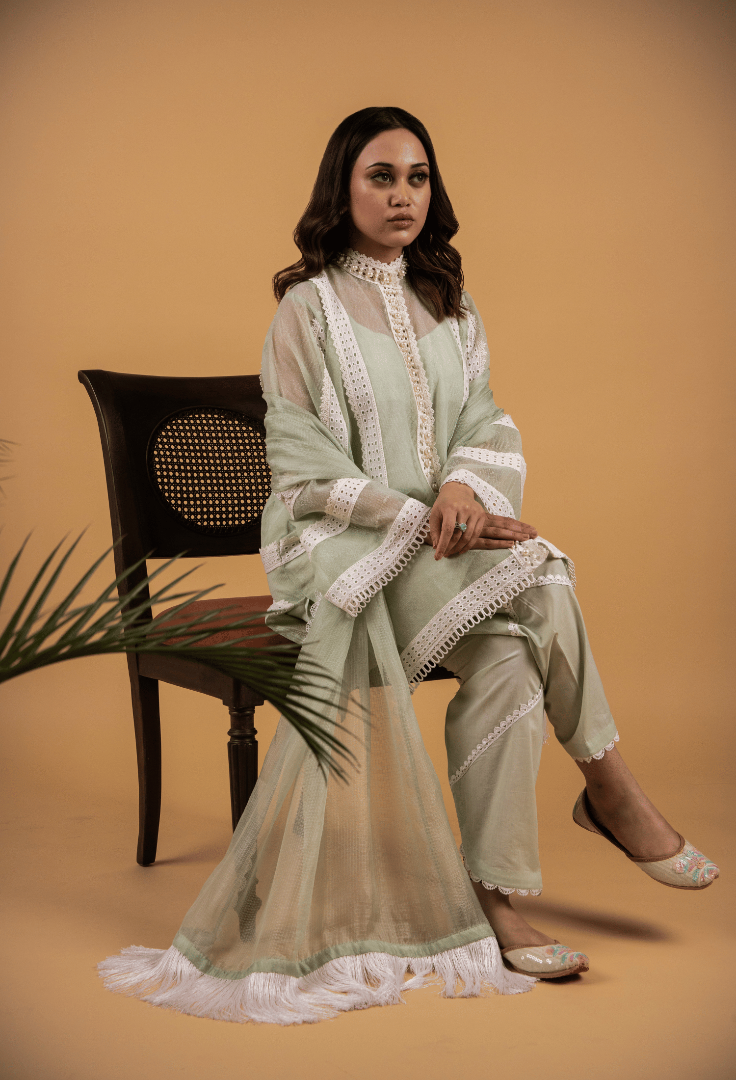 Cotton Net Pearl Jacket Suit - Pista Green