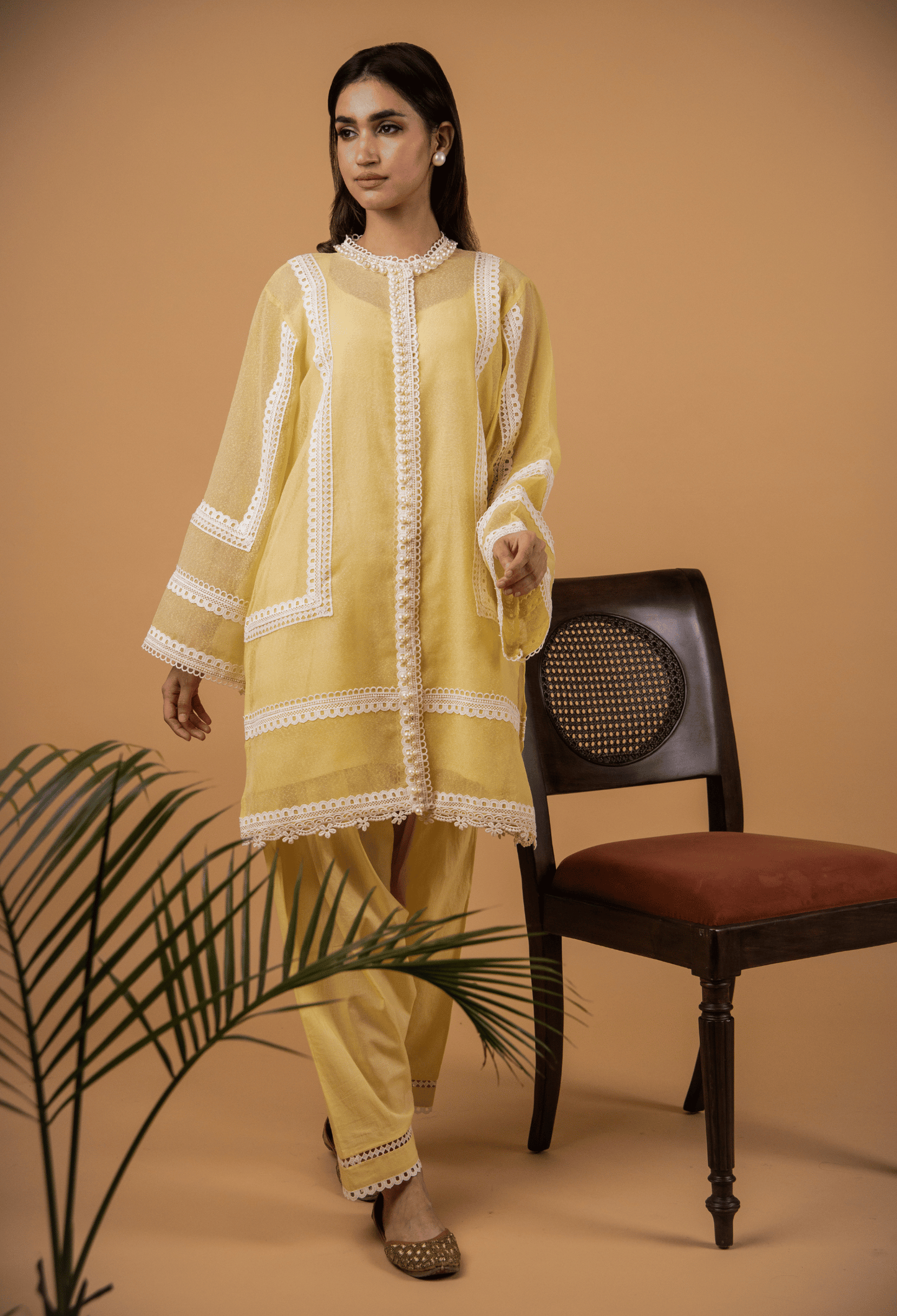 Cotton Net Pearl Jacket Suit - Yellow