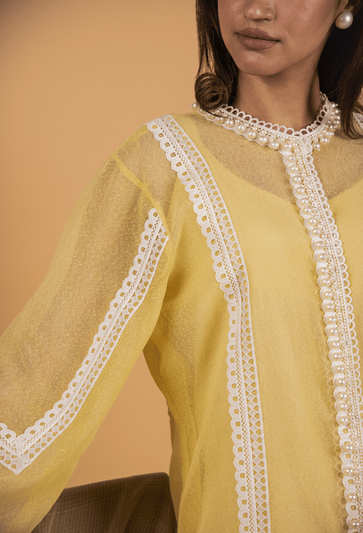 Cotton Net Pearl Jacket Suit - Yellow