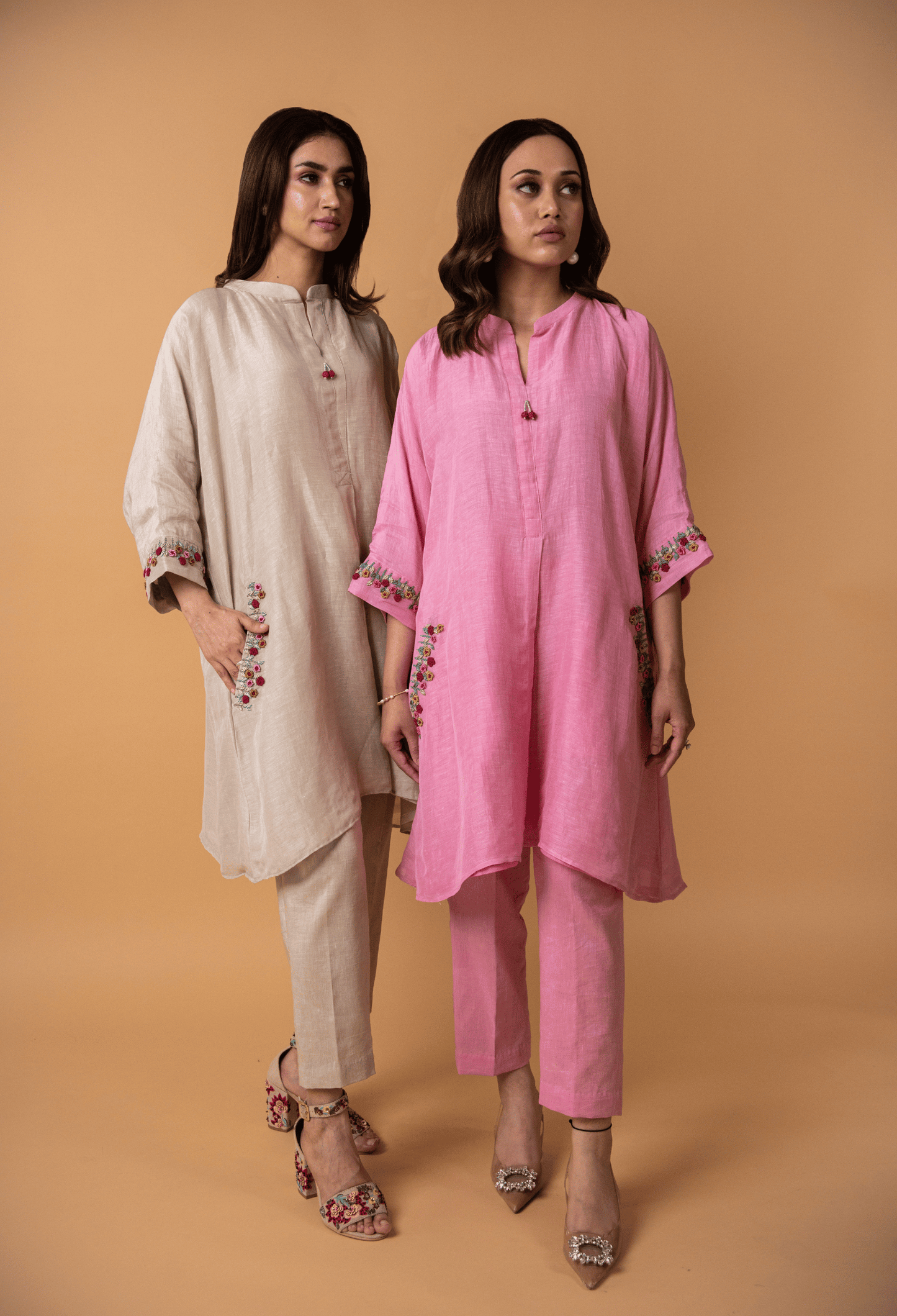 Hand Embroidered Linen Co-ord Set - Rose Pink