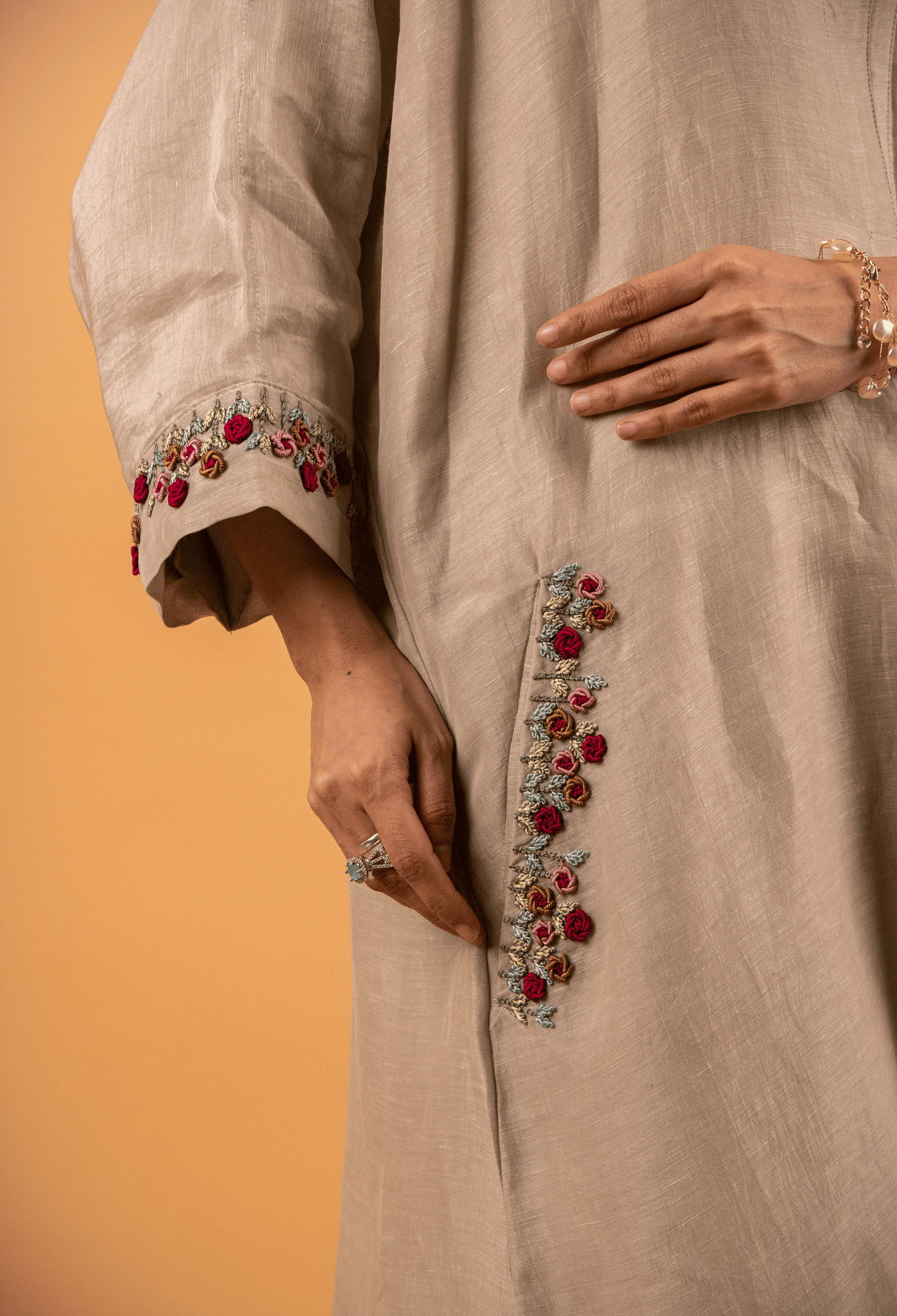 Hand Embroidered Linen Co-ord Set - Beige
