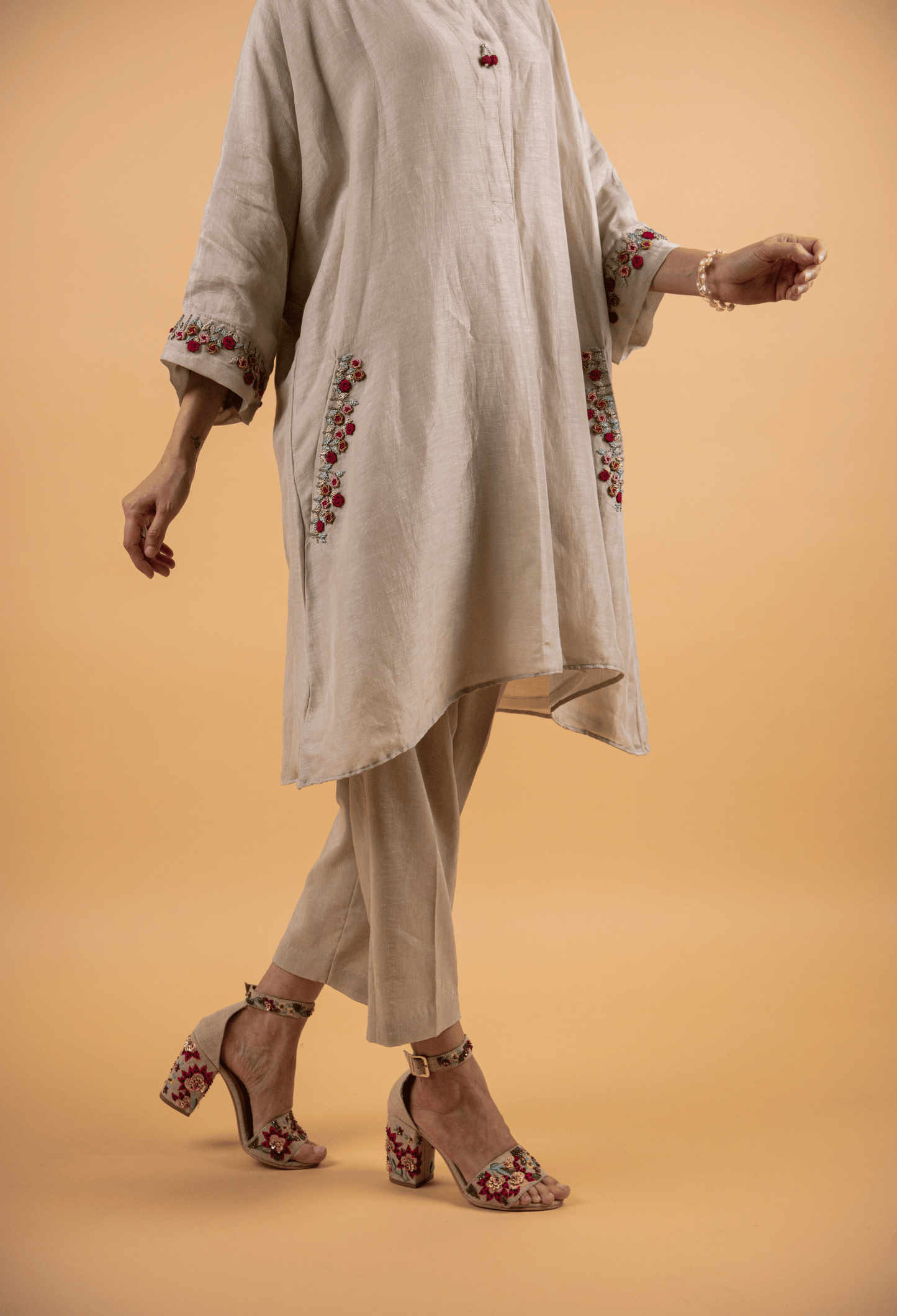 Hand Embroidered Linen Co-ord Set - Beige