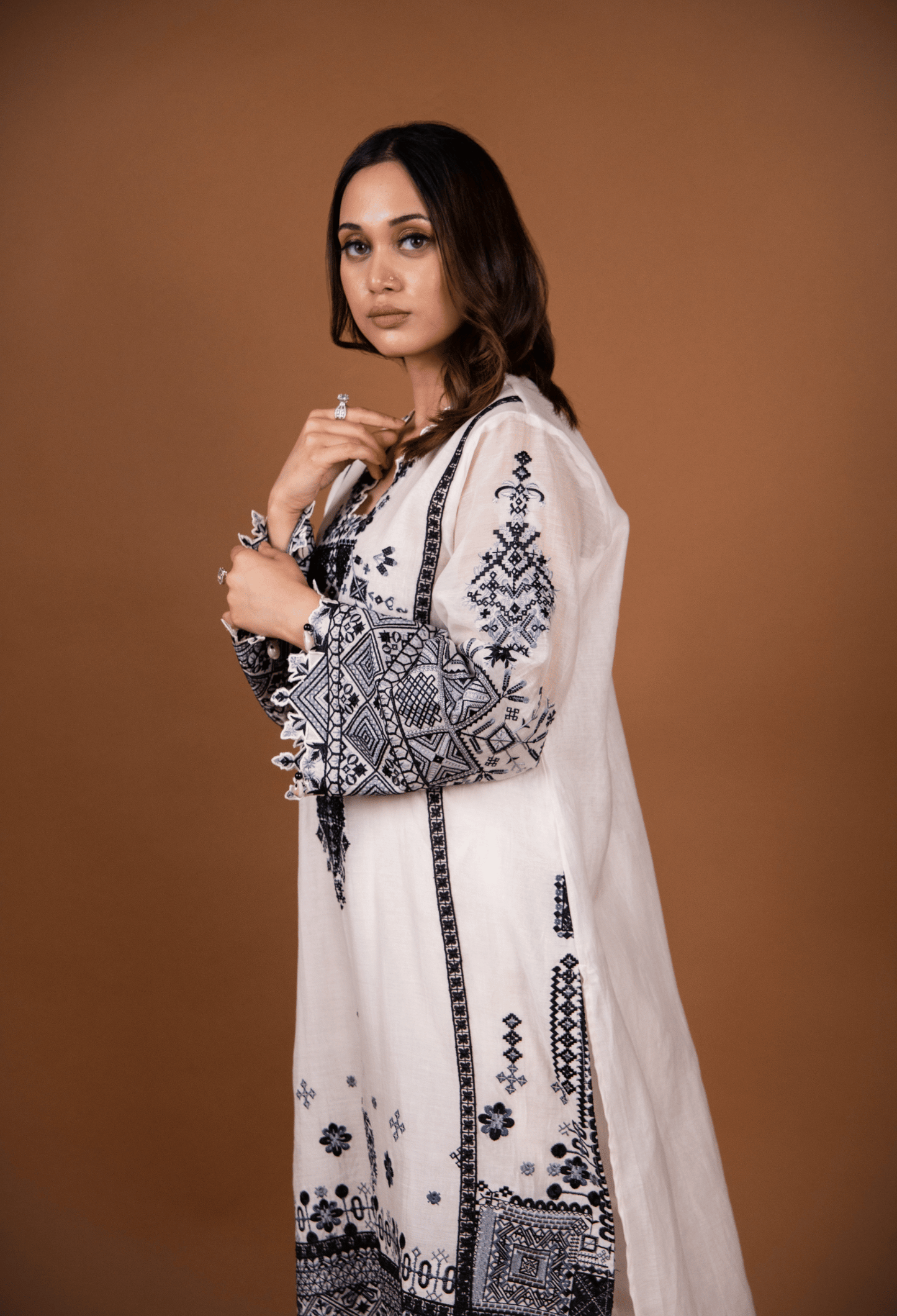 Cross Stitch Chanderi Kurta Set - Milky White