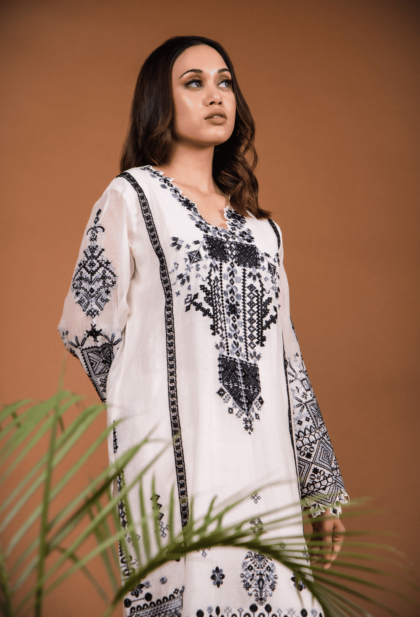 Cross Stitch Chanderi Kurta Set - Milky White