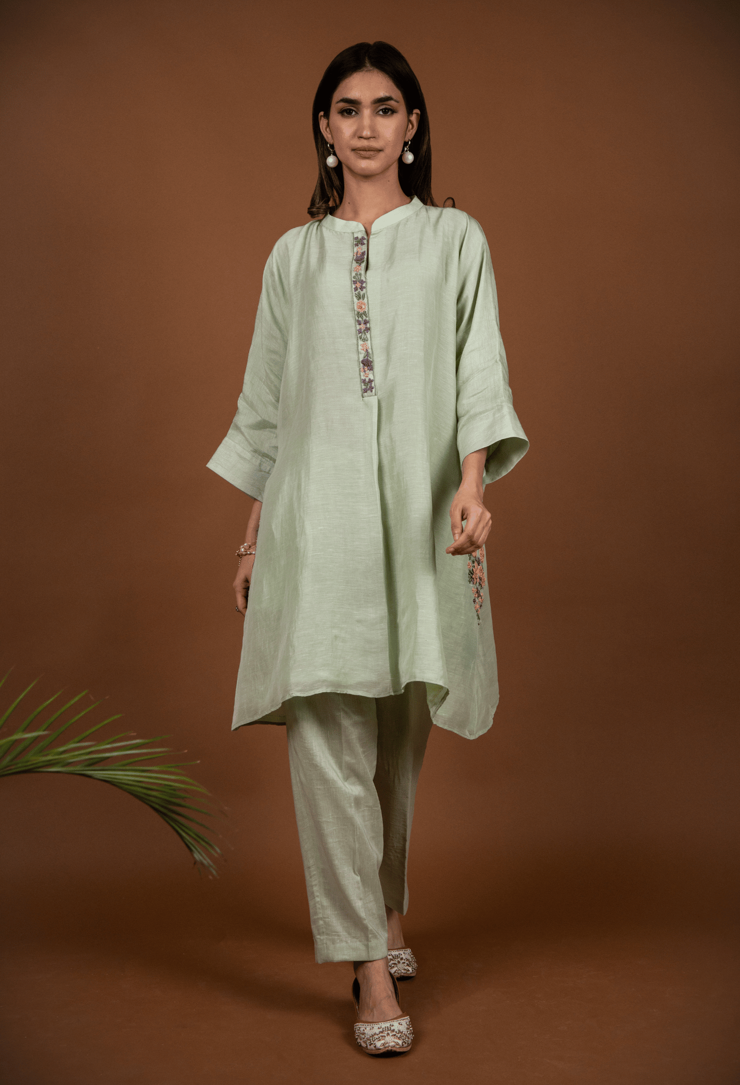 Hand Embroidered Linen Co-ord Set - Light Green