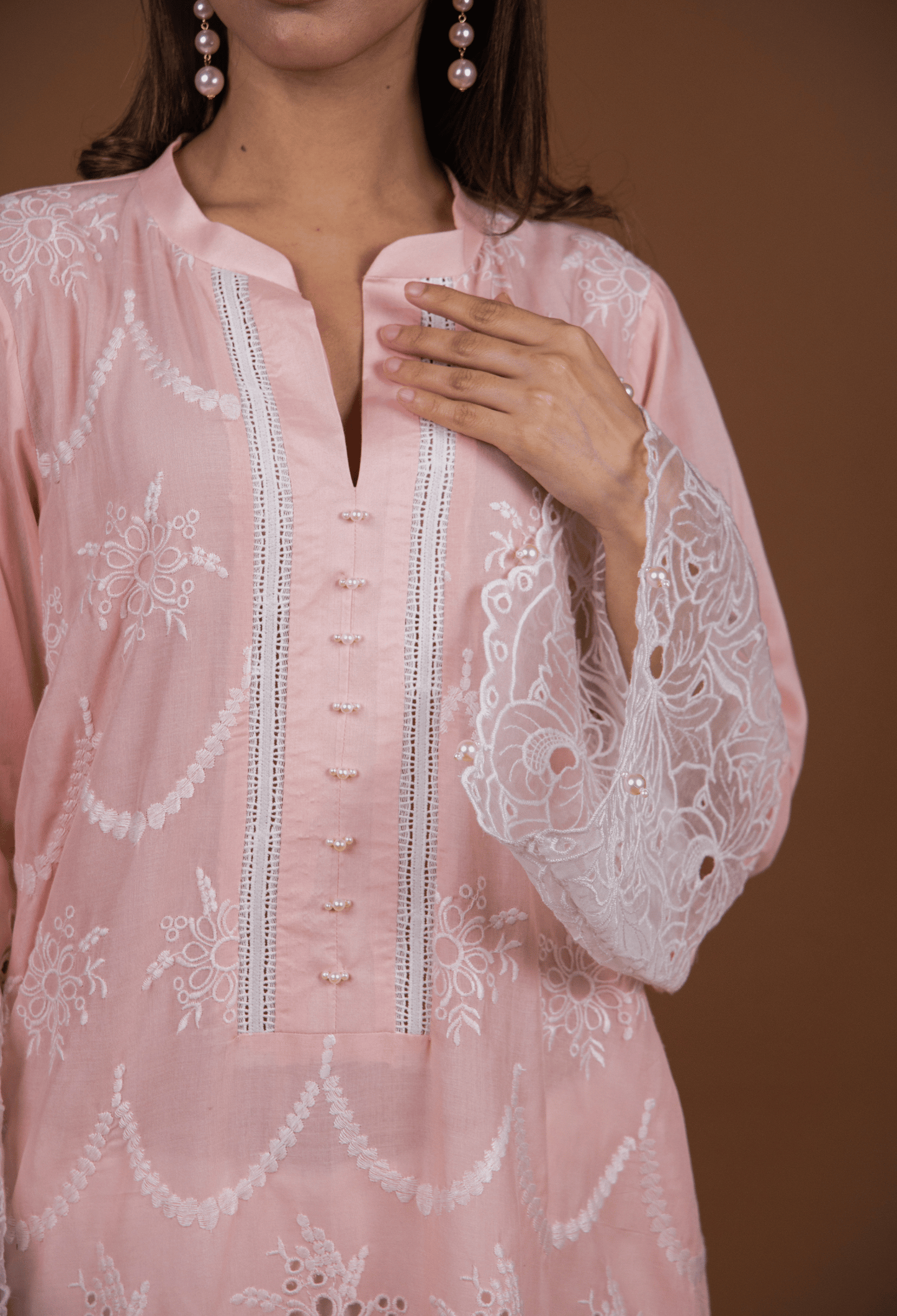 Chikankari Lawn Kurta Set - Light Peach