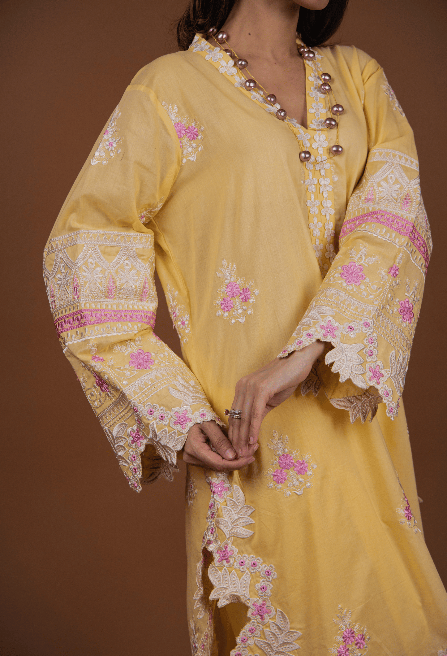 Floral Cutwork Kurta Set - Yellow