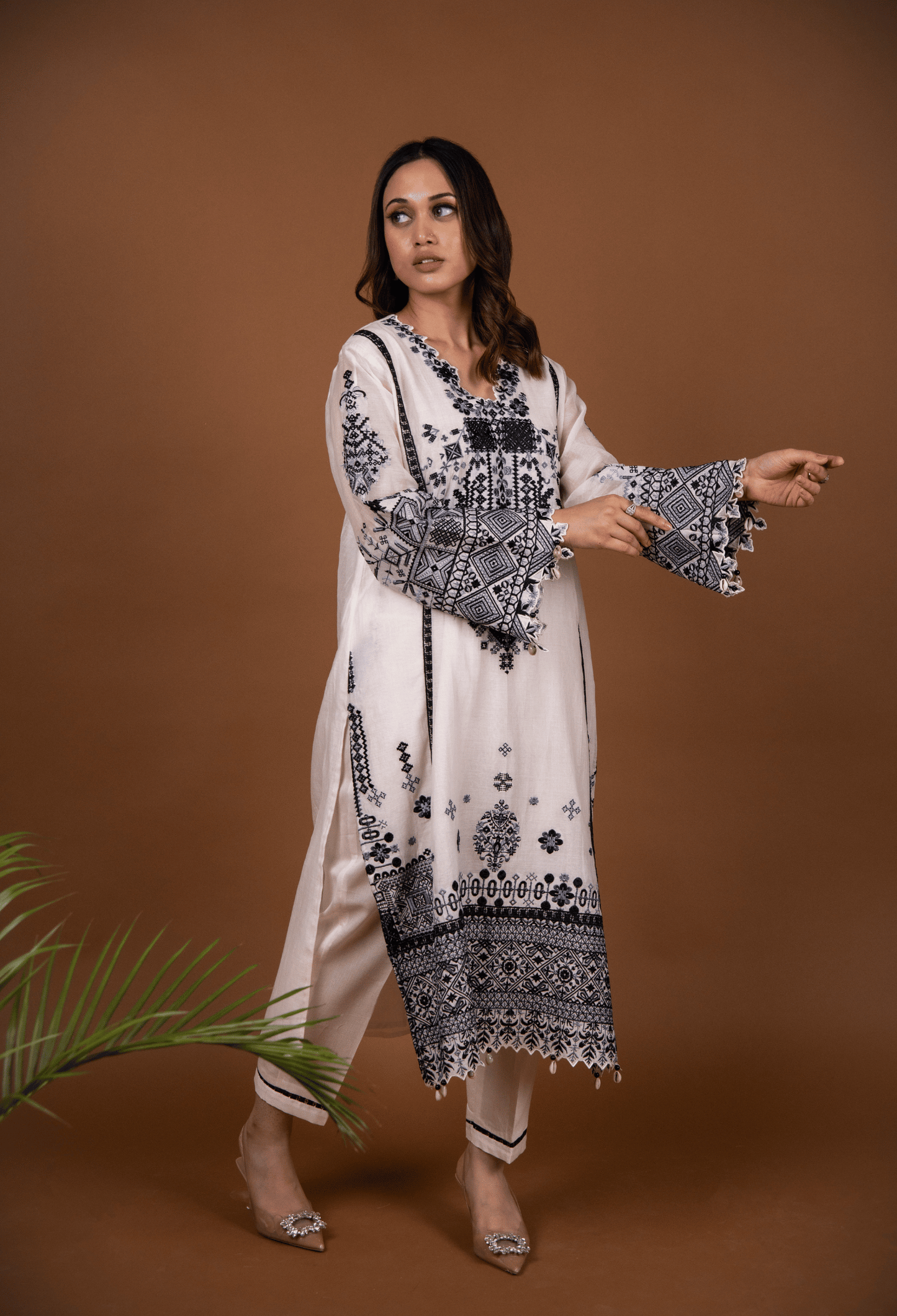 Cross Stitch Chanderi Kurta Set - Milky White