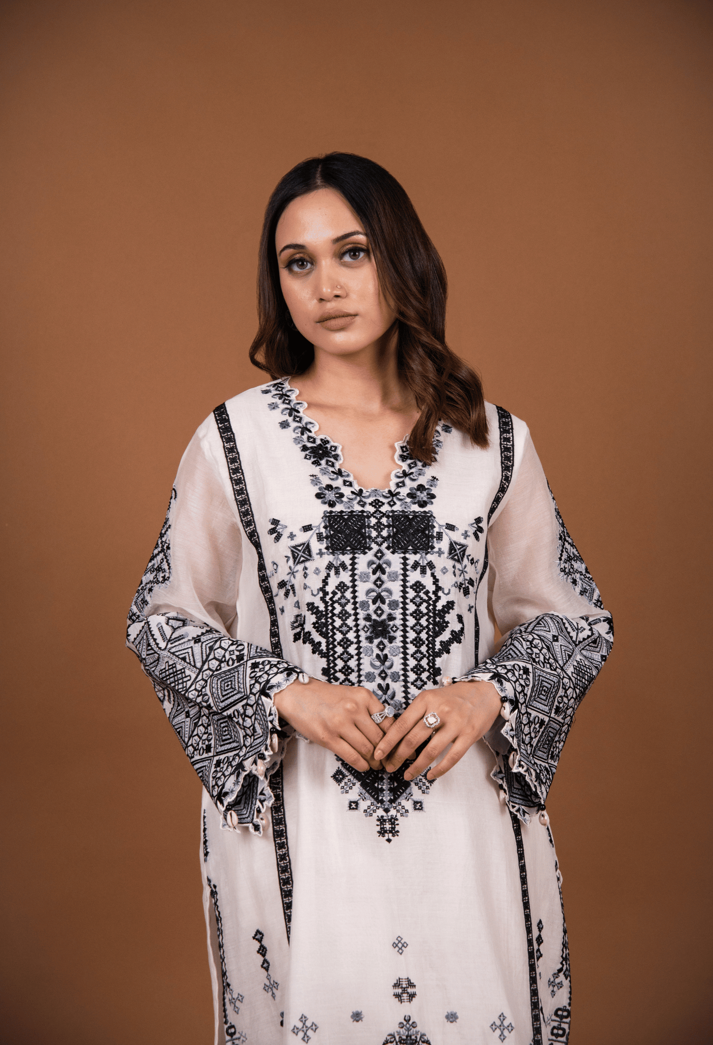 Cross Stitch Chanderi Kurta Set - Milky White