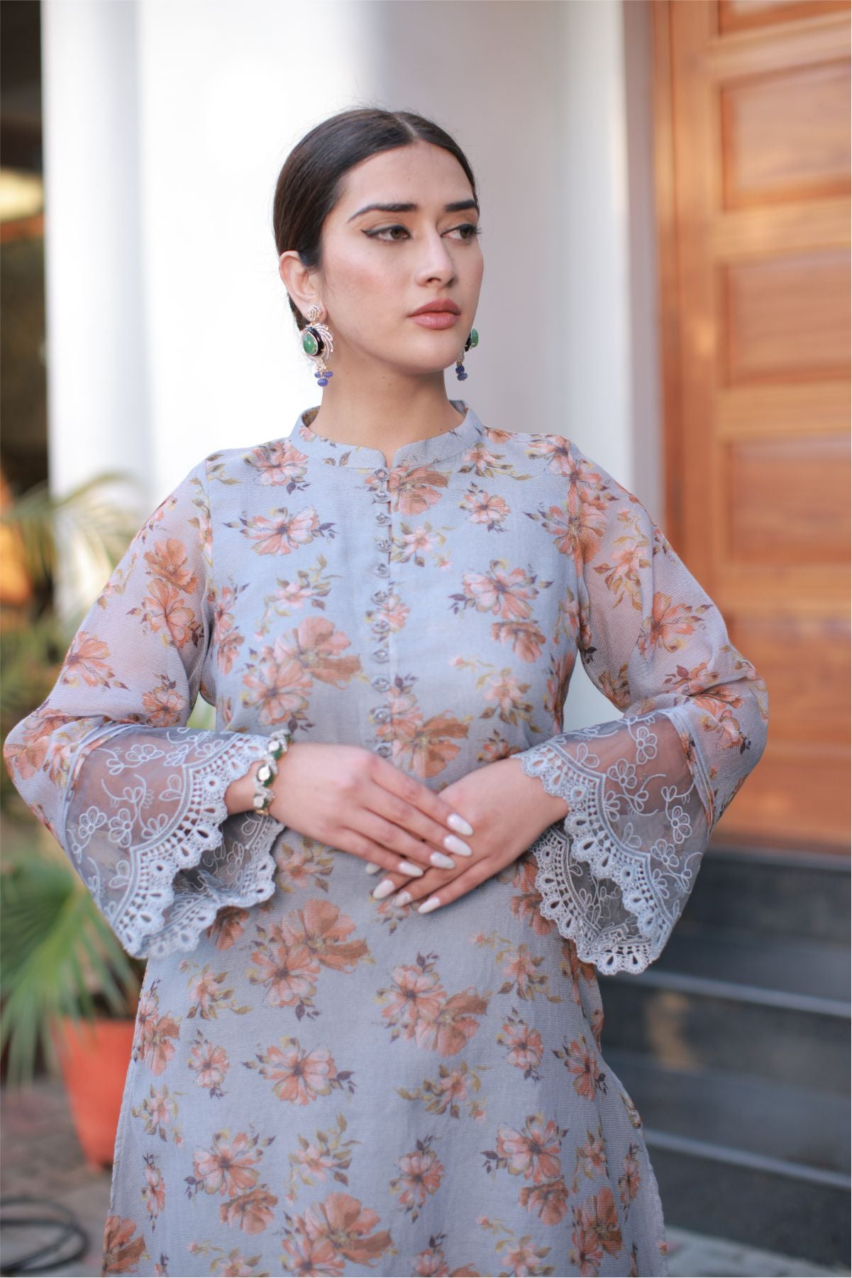 Grey Cotton Net Kurta Set