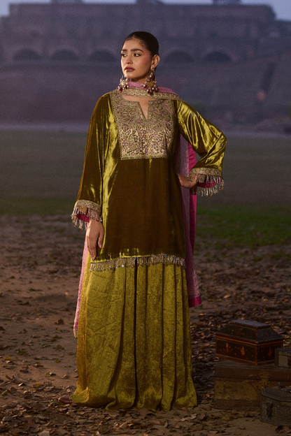 OLIVE GREEN SHARARA SET