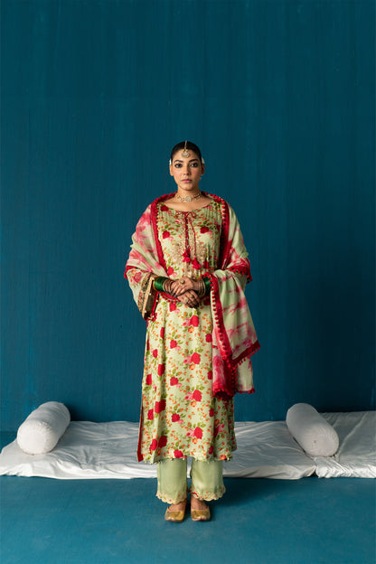 Aairah- Paisley Kurta Set with Dupatta - Olive