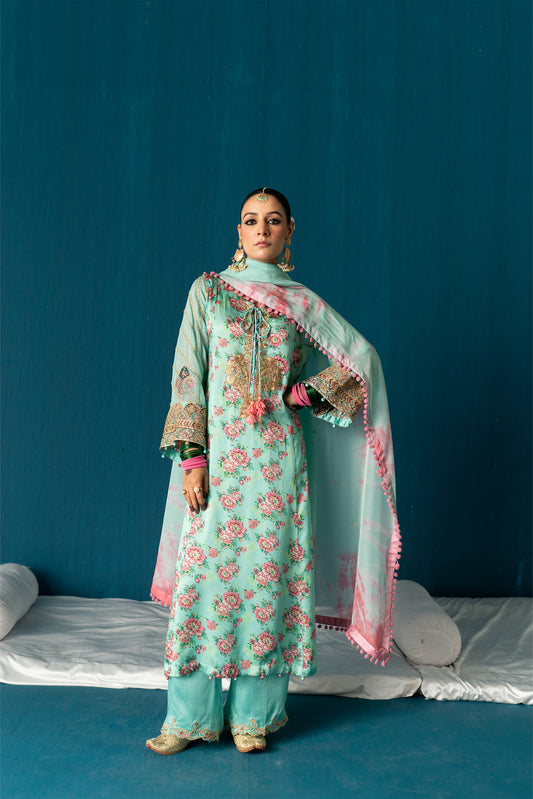 Aairah- Paisley Kurta Set with Dupatta - Ice Blue