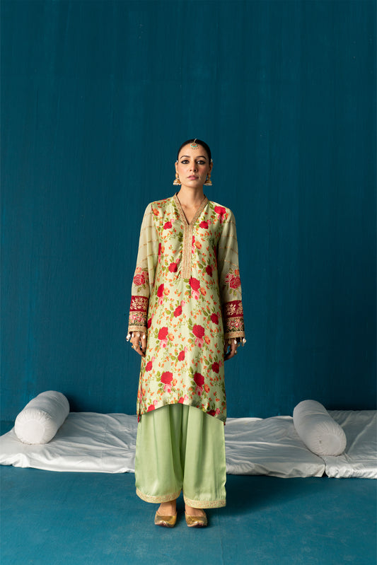 Iqra- Printed Satin Kurta Set - Olive