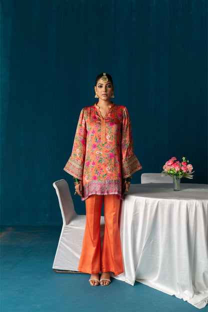 Zoya - Satin Embroidered Kurta Set - Rust