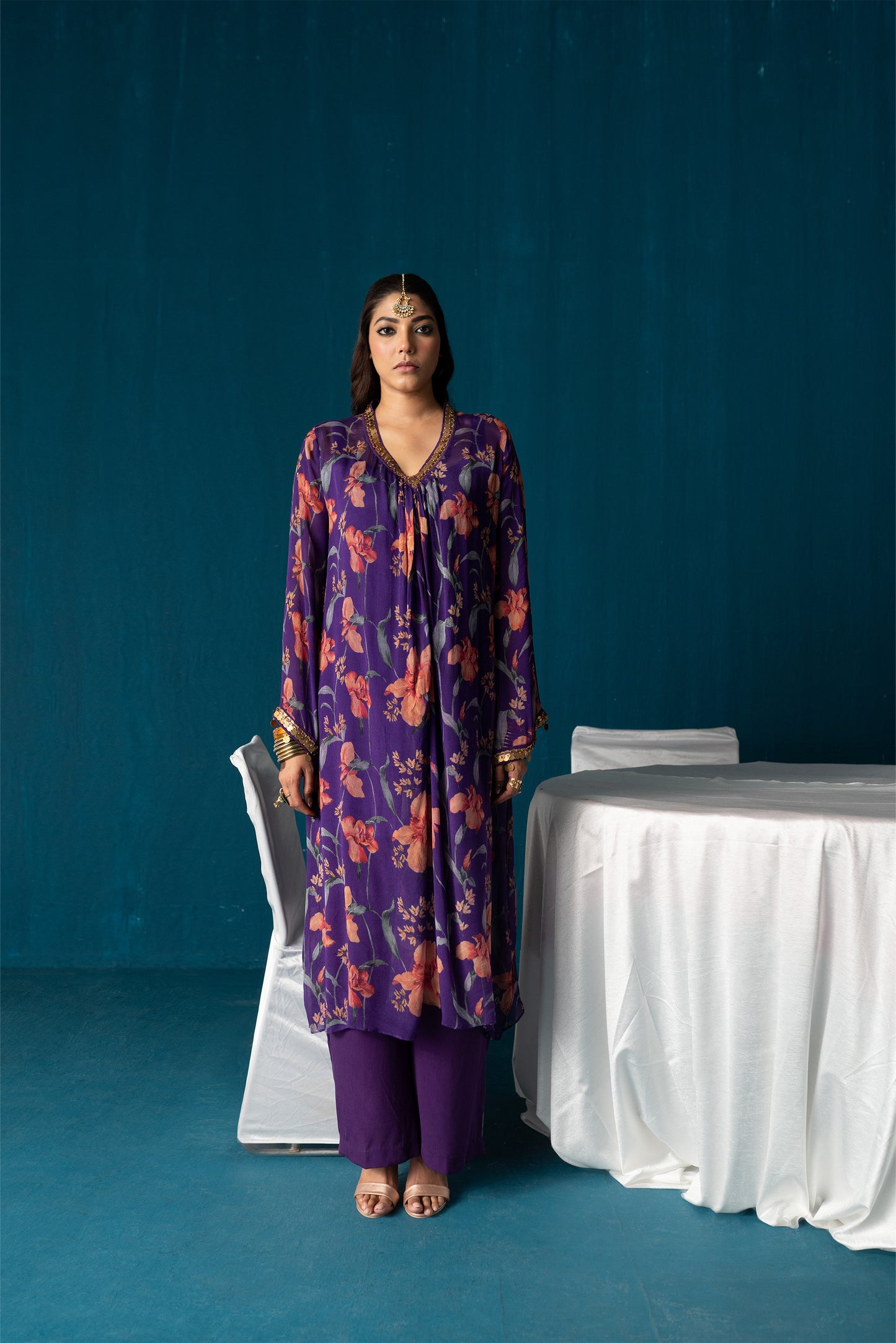 Nazia- Pleated Kurta Set- Purple