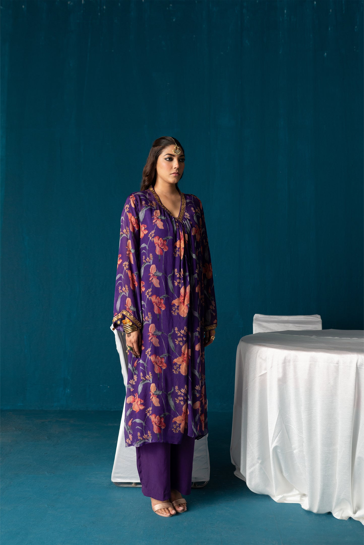 Nazia- Pleated Kurta Set- Purple